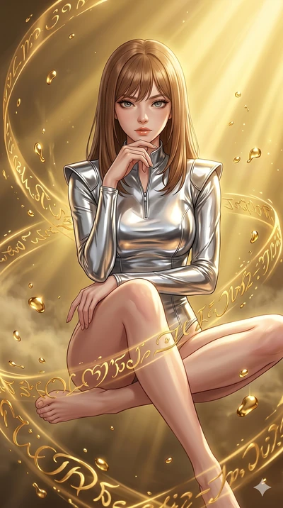 score_9, masterpiece, best quality, ultra-detailed, high-budget anime keyframe, Korean woman. Upper body close-up from the thighs up, character filling the screen for maximum presence. She is sitting cross-legged mid-air, levitating amidst swirling g