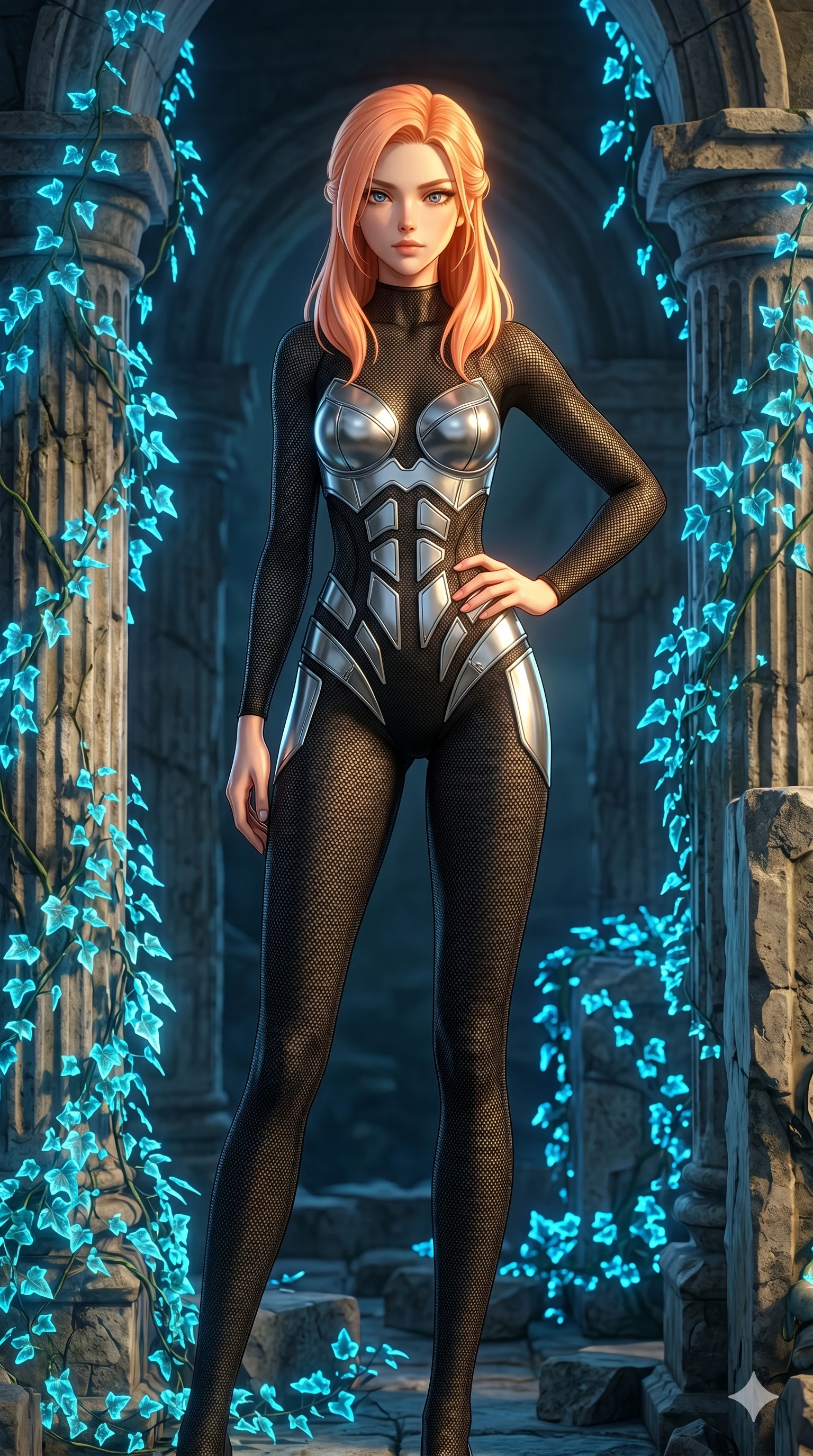 score_9, masterpiece, best quality, ultra-detailed, high-budget anime keyframe, editorial fashion photography, tasteful artistic composition, Japanese woman. cowboy shot from the thighs up, character and outfit filling the frame for maximum editorial presence. Holding a confident power pose with one hand on her hip amidst a sanctuary of ancient stone ruins wrapped in glowing blue ivy. She has an absolutely perfect 8-heads proportion, an exceptionally tall and slender female figure with impossibly long slender legs and an ultra-slim waist. V-shaped jawline, high-bridge nose, intricate jewel-like eyes with depth, thick eyelashes, glossy lips with a natural sheen. wearing a full-length catsuit in black technical mesh with strategic silver-chrome panel plates covering the chest and hips in an architectural pattern. lit by dramatic chiaroscuro with a single golden key light carving her facial contours and figure. 2k, ultra detail, master piece, 9:16 ratio