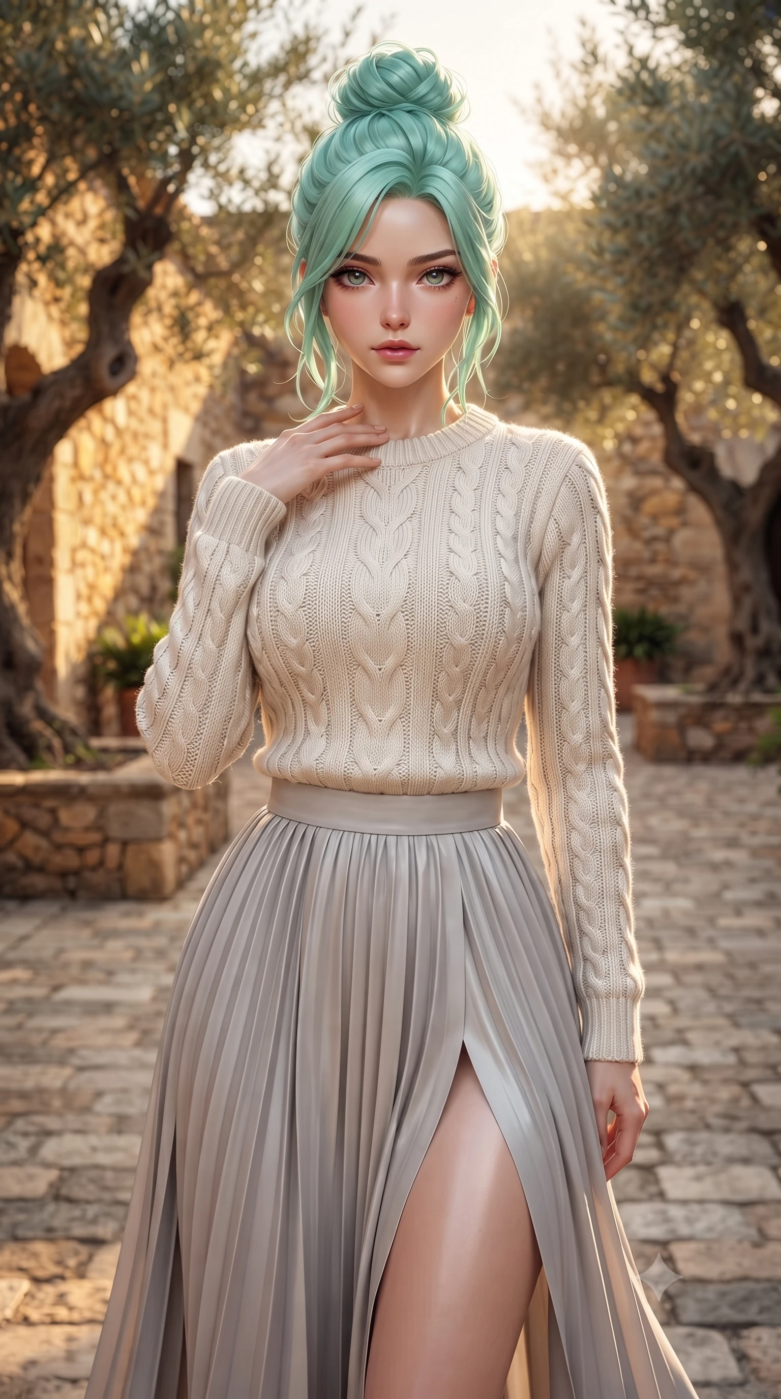 score_9, masterpiece, best quality, ultra-detailed, high-budget anime keyframe, editorial fashion photography, tasteful artistic composition, Japanese woman woman. close-up cowboy shot from the waist and thighs up, the character dominates the composition, filling the frame with her large presence, background elements kept in soft focus. standing with one hand resting on her collarbone, looking at the viewer with bedroom-eyes the background shows a soft-focus a paved courtyard with olive trees and stone walls of a Spanish hacienda. She has an exceptionally elegant, slender, and willowy female figure with an ultra-slim waist, a gracefully sculpted slender torso, and a refined silhouette. sharp v-shaped jawline, high-bridge nose, intricate jewel-like eyes with depth, thick eyelashes, glossy lips with a natural sheen. wearing a body-hugging cozy cable-knit sweater in ivory, paired with a pleated light grey midi skirt. warm afternoon sunbeams coloring the stone walls in gold and amber tones. ultra-reflective glossy finish, specular highlights, metallic sheen, high-contrast stereoscopic depth, volumetric dynamic lighting, 2k, ultra detail, master piece, 9:16 ratio