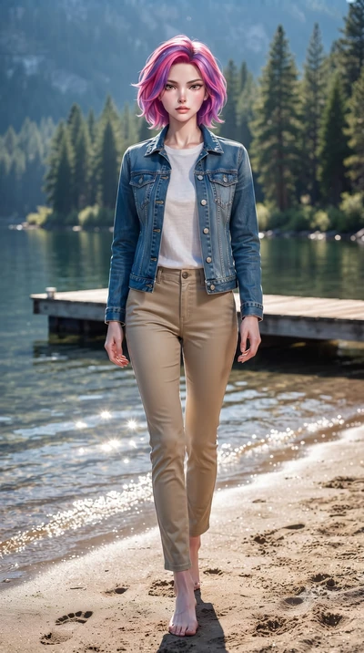 score_9, masterpiece, best quality, ultra-detailed, high-budget anime keyframe, editorial fashion photography, tasteful artistic composition, Caucasian woman woman. low angle full-body shot from head to toe showing her feet, filling the entire 9:16 v
