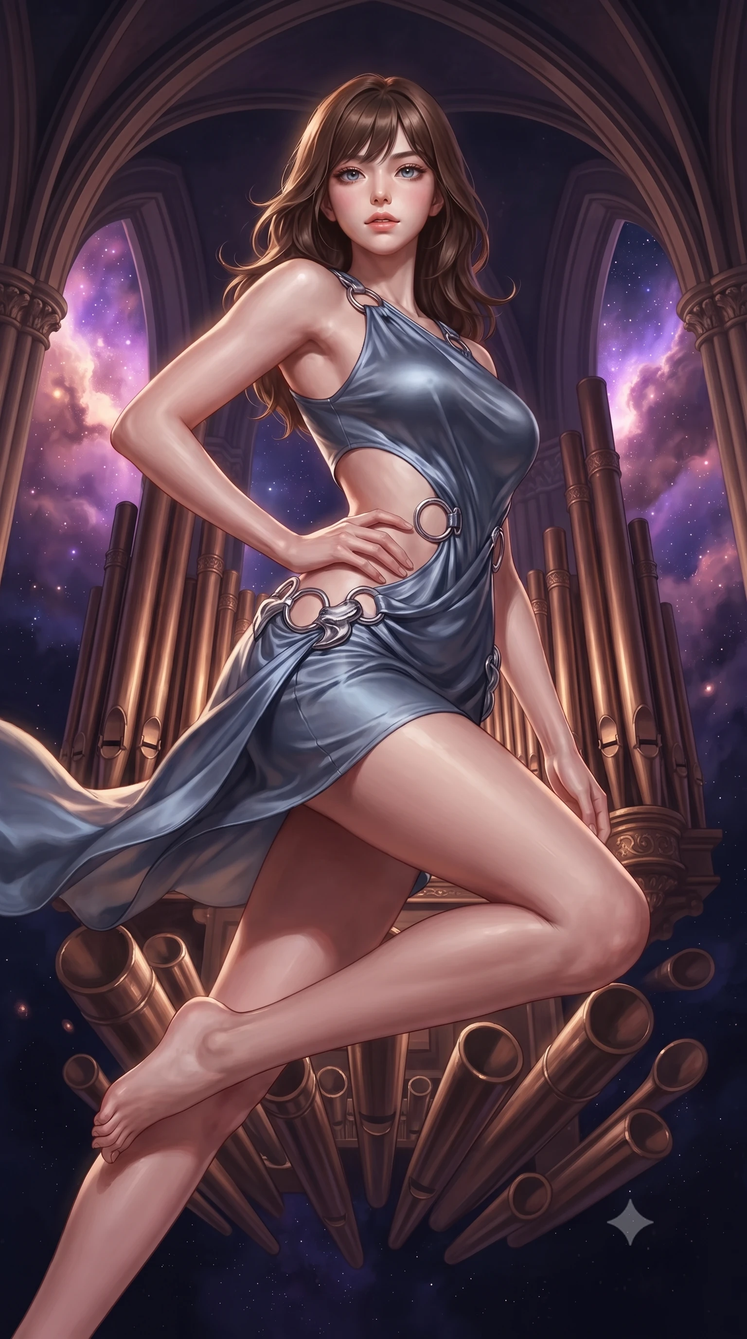 score_9, masterpiece, best quality, ultra-detailed, high-budget anime keyframe, editorial fashion photography, tasteful artistic composition, Korean woman. close-up cowboy shot from the waist and thighs up, the character dominates the composition, filling the frame with her large presence, background elements kept in soft focus. Holding a powerful dynamic pose with one hand on her hip and body angled dramatically toward the key light while leaping gracefully across massive bronze pipe organ tubes suspended in deep space, vivid purple and rose-gold nebula clouds glowing through cathedral-like arches. She has an exceptionally elegant, slender, and willowy female figure with an ultra-slim waist, a gracefully sculpted slender torso, and a refined silhouette. sharp v-shaped jawline, high-bridge nose, intricate jewel-like eyes with depth, thick eyelashes, glossy lips with a natural sheen, flawlessly proportioned anatomical accuracy, natural body alignment, perfectly sculpted elegant limbs, clean dynamic posture without body distortion. wearing a dramatic open-waist cutout mini dress framed by sculptural hardware in slate blue and metallic silver, crafted from lustrous satin jersey with fluid draping, accented with delicate chrome ring hardware framing her waist, the sleek second-skin texture accentuating her magnetic presence. surrounded by a divine cosmic aura with bright golden specular rim lights. ultra-reflective glossy finish, specular highlights, metallic sheen, high-contrast stereoscopic depth, volumetric dynamic lighting, 2k, ultra detail, master piece, 9:16 ratio