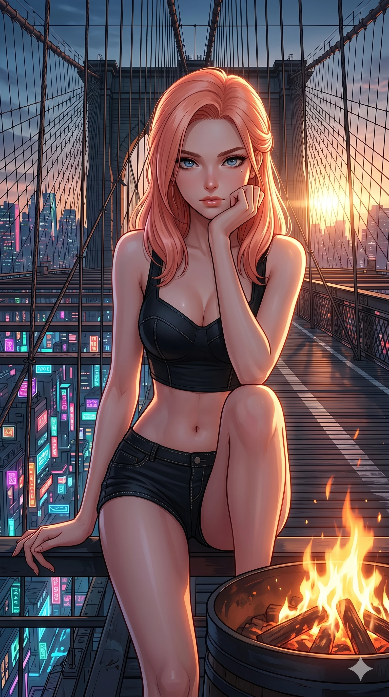 score_9, masterpiece, best quality, ultra-detailed, high-budget anime keyframe, editorial fashion photography, tasteful artistic composition, Japanese woman. cowboy shot from the thighs up, character and outfit filling the frame for maximum editorial presence. sitting near the fire, resting her chin on her hand, looking directly into the camera on a suspension bridge overlooking a neon metropolis (Code-P17-122). She has an absolutely perfect 8-heads proportion, an exceptionally tall and slender female figure with impossibly long slender legs and an ultra-slim waist. V-shaped jawline, high-bridge nose, intricate jewel-like eyes with depth, thick eyelashes, glossy lips with a natural sheen. wearing a crop top showing her bare midriff and micro-shorts. dramatic chiaroscuro lighting from the setting sun, accentuating her statuesque height. 2k, ultra detail, master piece, 9:16 ratio