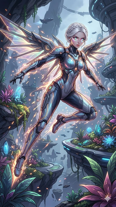 score_9, masterpiece, best quality, ultra-detailed, Set A: High-budget Anime Keyframe, Korean woman. Low angle cowboy shot filling the entire 9:16 frame with her statuesque presence. Leaping through a floating botanical garden, while her eyes glow wi