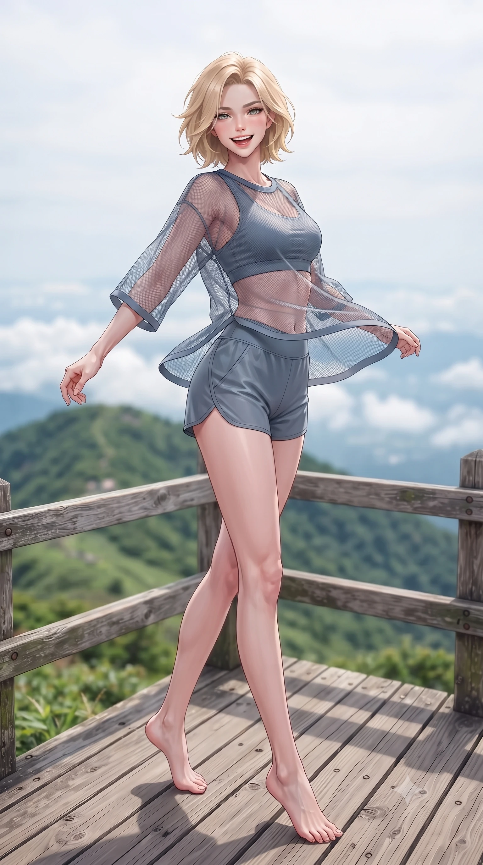 score_9, masterpiece, best quality, ultra-detailed, high-budget anime keyframe, editorial fashion photography, tasteful artistic composition, Caucasian woman. low angle full-body shot from head to toe showing her feet, filling the entire 9:16 vertical frame with her statuesque presence, stretching her vertical silhouette. twirling around with a playful, sensual laugh, her dress fluttering elegantly to accent her waistline set against a soft-focus background of on a scenic wooden observation deck at the peak of a green mountain resting on a wooden fence with a view of the distant clouds below. She has an absolutely perfect, statuesque 8.5-heads proportion, an exceptionally tall and slender model-like female figure with impossibly long slender legs and an ultra-slim waist. sharp v-shaped jawline, high-bridge nose, intricate jewel-like eyes with depth, thick eyelashes, glossy lips with a natural sheen. wearing tailored sheer mesh athletic top in slate grey, worn over a slim-fit sports bralette and shorts. soft diffused daylight creating a clean, high-key panoramic glow. highly saturated vibrant anime colors, detailed shading with soft gradients, rich glossy textures, high-contrast stereoscopic depth, volumetric dynamic lighting, master piece, 9:16 ratio