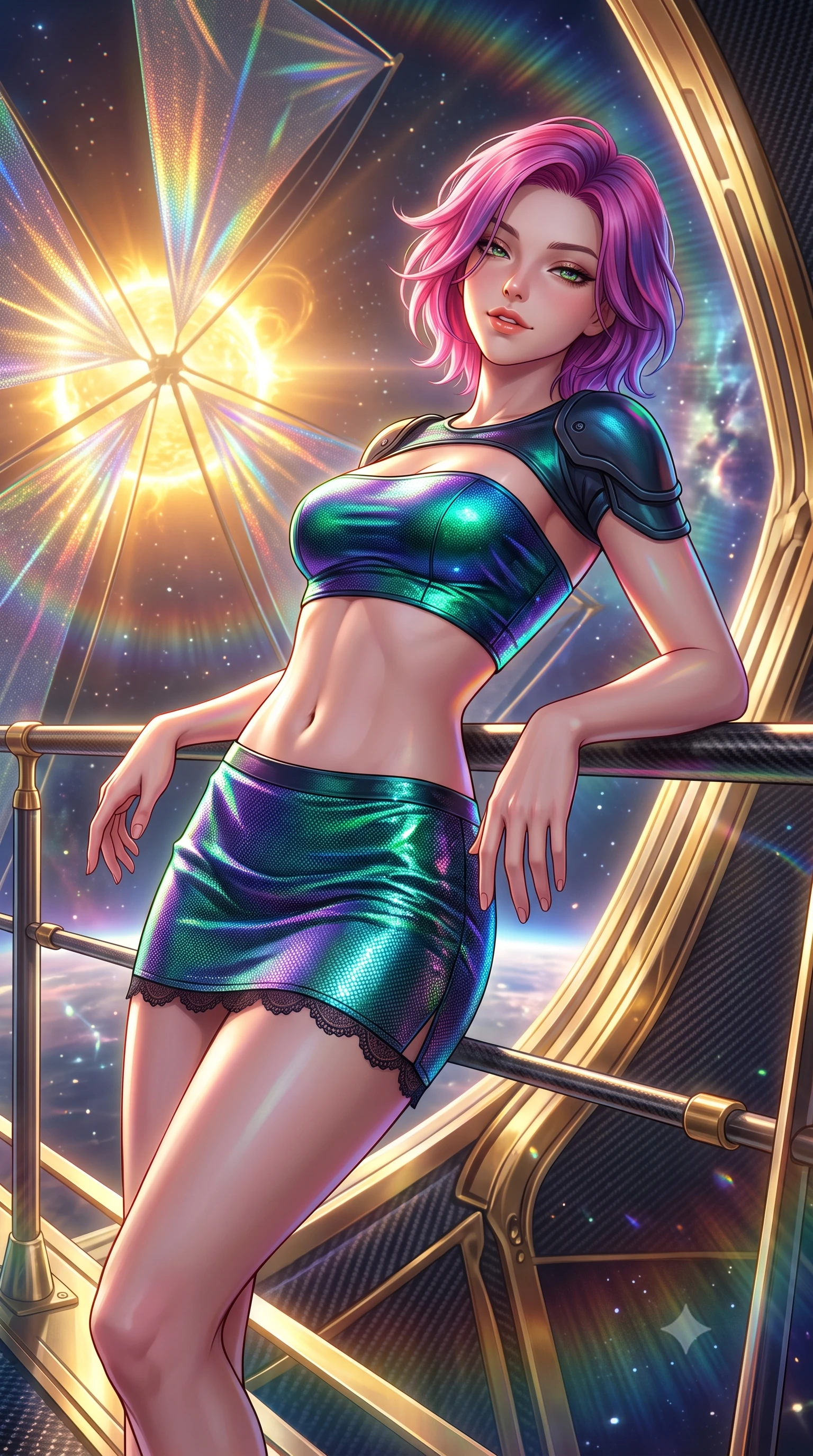 score_9, masterpiece, best quality, ultra-detailed, high-budget anime keyframe, semi-realistic 3D game render, editorial fashion photography, tasteful artistic composition, Caucasian woman. close-up cowboy shot from the waist and thighs up, the character dominates the composition, filling the frame with her large presence. leaning back against the balustrade with relaxed seductive grace, head tilted back slightly while casting a hypnotic, heavy-lidded gaze while leaning against the zero-gravity carbon tether with hips cocked back, watching the blazing golden solar corona flare through polarizing solar sails with smoldering bedroom-eyes. The surrounding environment is rendered in vivid detail and crisp panoramic clarity: detailed anime keyframe lines, rich iridescent fabric textures, and colossal solar yacht architecture in razor-sharp precision. She has an exceptionally elegant, slender, and willowy female figure with an ultra-slim waist, flat toned midriff, narrow ribcage, and sculpted feminine hips creating an alluring, slim hourglass silhouette without bulk. sharp v-shaped jawline, high-bridge nose, intricate jewel-like sparkling eyes with depth, thick eyelashes, glossy parted lips with a natural peach sheen, bright cheerful beaming smile with an enchanting and coquettish sensual glint, exuding both youthful cute charm and seductive allure, flawlessly proportioned anatomical accuracy, strict slender model proportions, natural body alignment, perfectly sculpted long slender limbs, ultra-slim waistline, clean dynamic posture without body distortion. wearing an ultra-cropped tactical tech-wear bandeau top with molded shoulder armor paired with a micro mini skirt revealing her flat toned midriff in bioluminescent emerald and abyssal sapphire, crafted from stretch micro-mesh with liquid foil coating that shimmers with every movement, finished with scalloped eyelash lace trim framing her sweetheart neckline with intimate elegance, the glove-like clinging cut tightly following the natural contour of her hips and long slender legs with youthful 8.5-heads elegance. illuminated by solar sail diffraction reflection bounce and sharp chromatic-rainbow rim lights defining her jawline, narrow waist, and curvy hips. highly saturated vibrant anime colors, detailed shading with soft gradients, rich glossy textures, high-contrast stereoscopic depth, volumetric dynamic lighting, master piece, 9:16 ratio