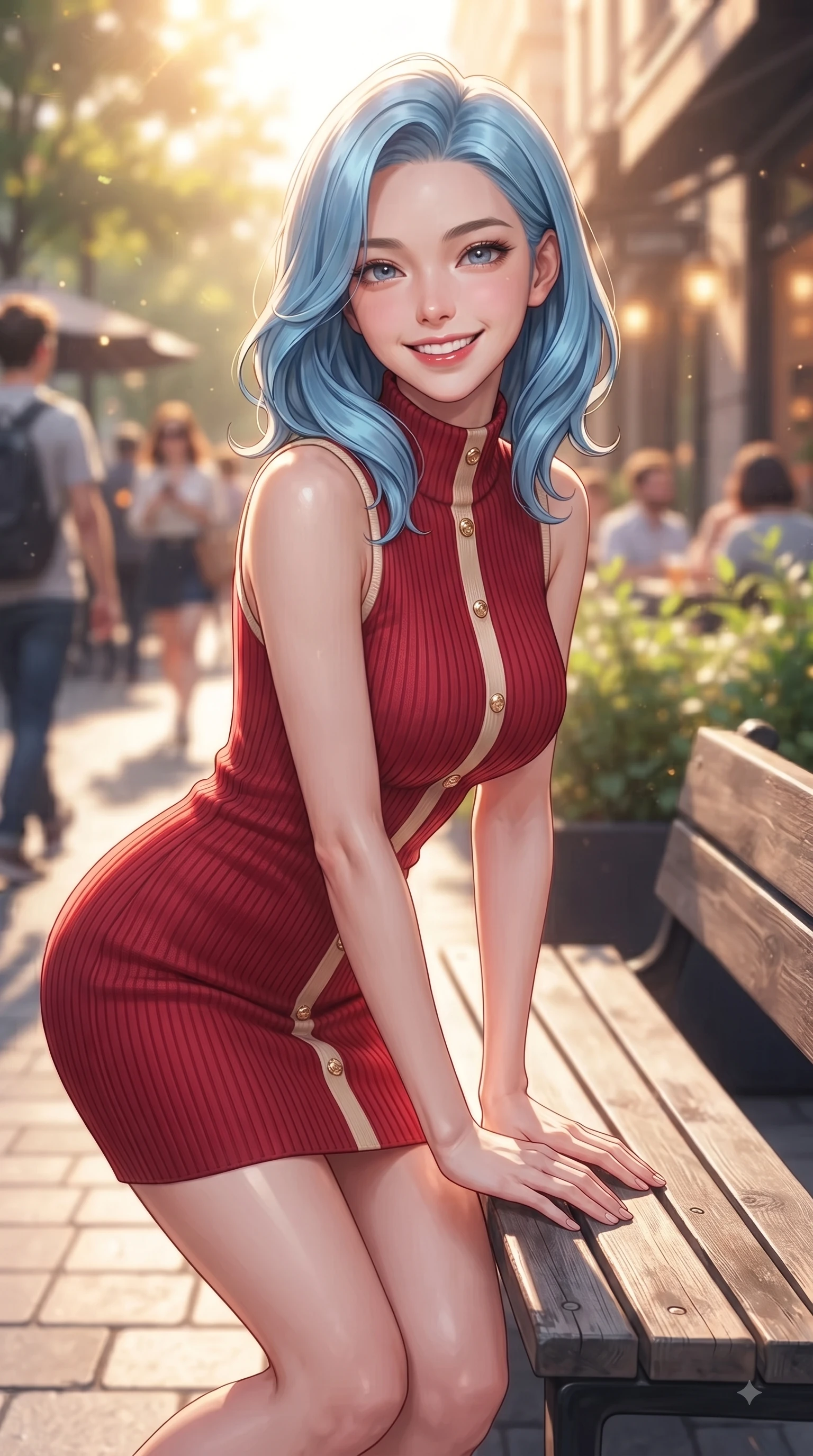 score_9, masterpiece, best quality, ultra-detailed, high-budget anime keyframe, editorial fashion photography, tasteful artistic composition, Korean woman. close-up cowboy shot from the waist and thighs up, the character dominates the composition, filling the frame with her large presence. Cheerful beaming smile with sparkling eyes and a fresh girlhood aura, leaning forward with playful grace while resting on a stylish wooden bench outside a hipster coffee shop under warm afternoon sunbursts. The composition keeps background elements in soft focus with dreamy bokeh. sunlit cafe terraces and stylish passersby softened in a dreamy shallow depth of field. She has an exceptionally elegant, slender, and willowy female figure with an ultra-slim waist, a gracefully sculpted slender torso, and a refined silhouette. sharp v-shaped jawline, high-bridge nose, intricate jewel-like eyes with depth, thick eyelashes, glossy lips with a natural sheen, flawlessly proportioned anatomical accuracy, natural body alignment, perfectly sculpted elegant limbs, clean dynamic posture without body distortion. wearing a high-neck sleeveless ribbed knit dress following her statuesque figure like a glove in vivid crimson red and champagne cream, knitted from soft cozy cashmere yarn, adorned with delicate gold buttons along the front, the glove-like fit emphasizing her statuesque silhouette during motion. bathed in brilliant golden hour sunshine and warm urban ambient illumination. ultra-reflective glossy finish, specular highlights, metallic sheen, high-contrast stereoscopic depth, volumetric dynamic lighting, 2k, ultra detail, master piece, 9:16 ratio