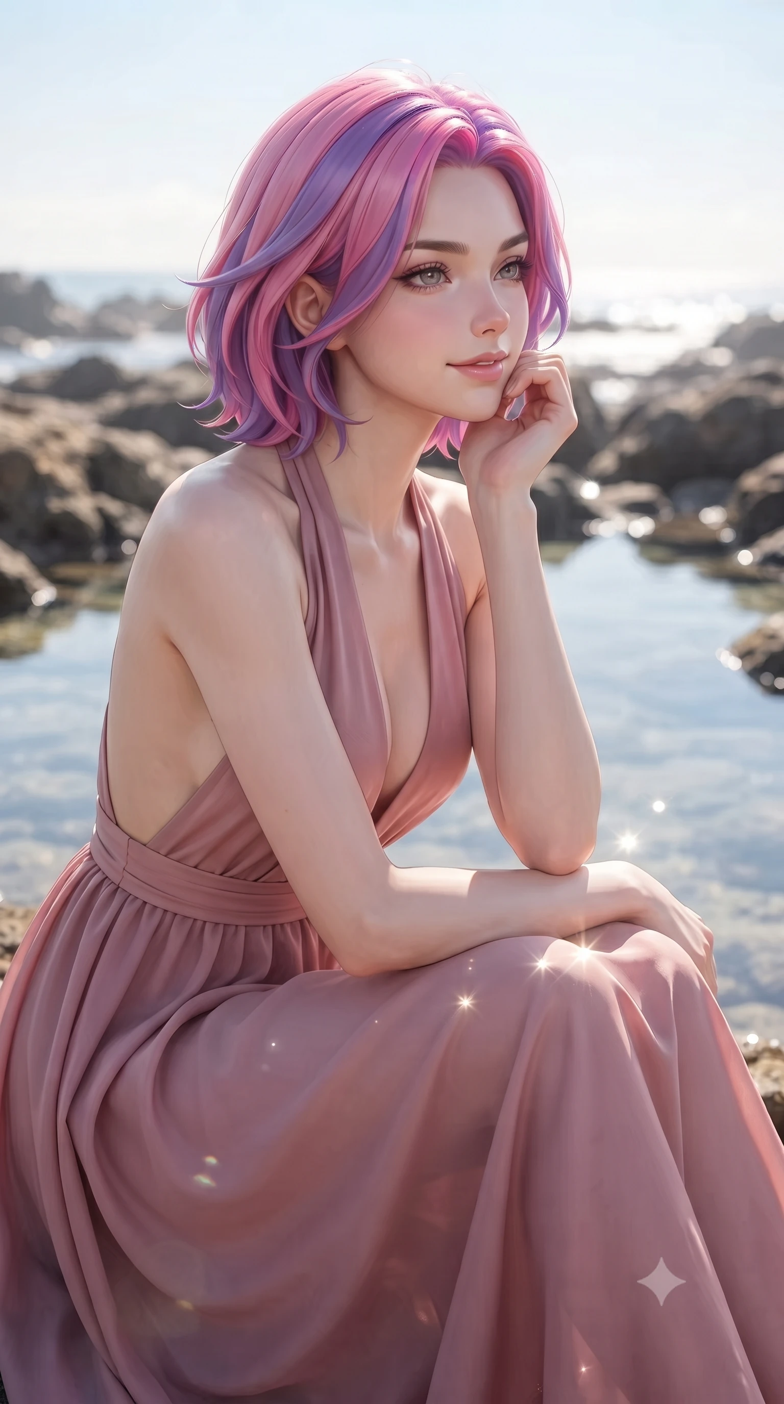 score_9, masterpiece, best quality, ultra-detailed, high-budget anime keyframe, editorial fashion photography, tasteful artistic composition, Caucasian woman woman. close-up cowboy shot from the waist and thighs up, the character dominates the composition, filling the frame with her large presence, background elements kept in soft focus. resting her chin on her hand, looking out at the beautiful scenery with a soft smile the background shows a soft-focus a rocky coastal shoreline with clear tidepools reflecting the sky. She has an exceptionally elegant, slender, and willowy female figure with an ultra-slim waist, a gracefully sculpted slender torso, and a refined silhouette. sharp v-shaped jawline, high-bridge nose, intricate jewel-like eyes with depth, thick eyelashes, glossy lips with a natural sheen. wearing a tailored deep plunging-V neck maxi dress in dusty rose chiffon with a bold halter neck and low-cut back. bright morning sun rays creating sparkling glints on the water pool. ultra-reflective glossy finish, specular highlights, metallic sheen, high-contrast stereoscopic depth, volumetric dynamic lighting, 2k, ultra detail, master piece, 9:16 ratio