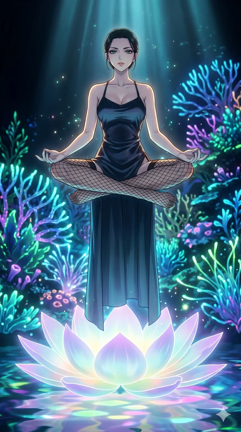 score_9, masterpiece, best quality, ultra-detailed, High-budget Anime Keyframe, vibrant colors, fluid line-art, expressive lighting, cinematic composition, Ufotable-style visual effects, top-tier animation quality, Japanese woman with delicate and elegant anime-inspired features. Dynamic full-body shot stretching the vertical silhouette, capturing her from a powerful low-angle perspective. Meditating atop a massive digital lotus blossom that floats on a pond of liquid light. She has an absolutely perfect 8-heads proportion, an exceptionally tall and slender female figure with impossibly long slender legs and an ultra-slim waist, her statuesque height and towering silhouette dominating the vertical 9:16 frame. Her face is a masterpiece featuring a sharp v-shaped jawline, high-bridge nose, intricate jewel-like eyes with depth, thick eyelashes, and glossy lips with a natural sheen. She is wearing a Backless silk slip dress with a dangerously high side slit and sensual fishnet stockings.. The scene is set in an underwater Eden where the plants are made of light and fiber-optics. 2k, ultra detail, master piece, 9:16 ratio