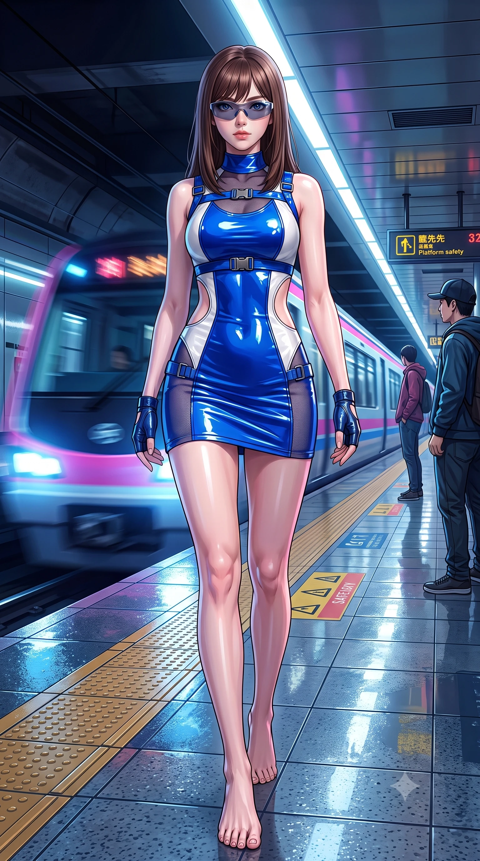 score_9, masterpiece, best quality, ultra-detailed, high-budget anime keyframe, semi-realistic 3D game render, editorial fashion photography, tasteful artistic composition, Korean woman. low angle full-body shot from head to toe showing her feet, filling the entire 9:16 vertical frame with her statuesque presence, stretching her vertical silhouette. striding forward in a proud, dynamic supermodel runway stride, her statuesque vertical silhouette commanding the entire frame while pivoting sharply on the wet tiled subway platform as an incoming neon-lit maglev train rushes past in a blur of light. The surrounding environment is rendered in vivid detail and crisp panoramic clarity. detailed platform safety markings, leather harness buckles, and train headlights in high clarity. She has an absolutely perfect, statuesque 8.5-heads proportion, an exceptionally tall and slender model-like female figure with impossibly long slender legs, a toned flat midriff, and an ultra-slim waist. sharp v-shaped jawline, high-bridge nose, intricate jewel-like eyes with depth, thick eyelashes, glossy lips with a natural sheen, captivating and magnetic expression, flawlessly proportioned anatomical accuracy, strict slender model proportions, natural body alignment, perfectly sculpted long slender limbs, ultra-slim waistline, clean dynamic posture without body distortion. wearing a high-gloss vinyl mini dress accented with industrial buckle straps and side-waist cutouts in electric cobalt blue and high-gloss white, made of stretchy ribbed athletic knit with sheer mesh cutout inserts, accessorized with retro futuristic sunglasses and fingerless leather gloves, the glove-like aerodynamic second-skin fit tightly clinging to her ultra-slender waist and athletic curves without adding bulk, accentuating her razor-sharp statuesque lines and slim hourglass silhouette. surrounded by an edgy, electrifying, and irresistibly cool cyber-street idol aura. highly saturated vibrant anime colors, detailed shading with soft gradients, rich glossy textures, high-contrast stereoscopic depth, volumetric dynamic lighting, master piece, 9:16 ratio