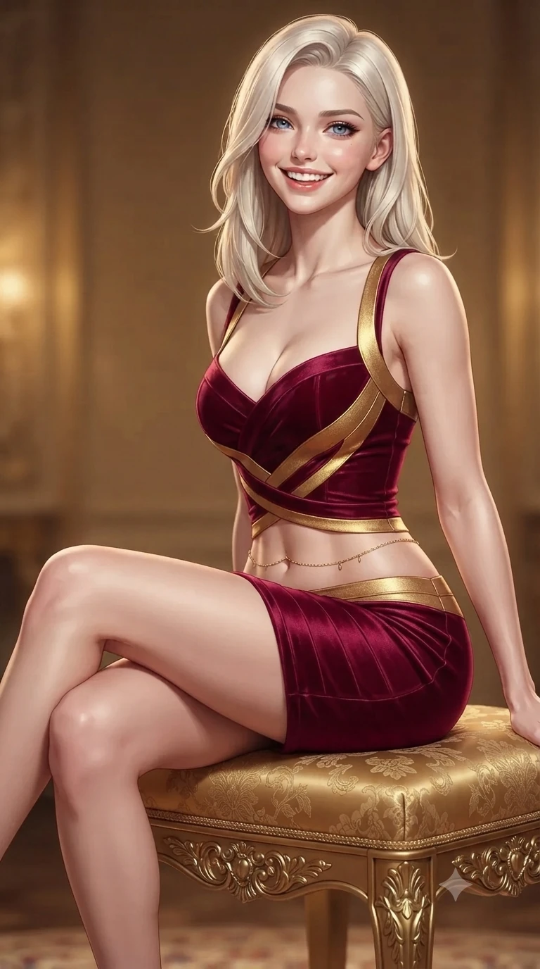 score_9, masterpiece, best quality, ultra-detailed, high-budget anime keyframe, editorial fashion photography, tasteful artistic composition, Caucasian woman. close-up cowboy shot from the waist and thighs up, the character dominates the composition, filling the frame with her large presence. perched sideways on the lounge seat, one knee drawn up to showcase her slender leg line while her arched back accentuates her feminine hip curve while sitting gracefully on the silk-embroidered imperial stool with legs crossed, flashing an enchanting smile with parted glossy lips. The background shows a soft-focus soft amber temple dust softened in imperial gold-screen chamber shallow focus. She has an exceptionally elegant, slender, and willowy female figure with an ultra-slim waist, flat toned midriff, narrow ribcage, and sculpted feminine hips creating an alluring, slim hourglass silhouette without bulk. sharp v-shaped jawline, high-bridge nose, intricate jewel-like sparkling eyes with depth, thick eyelashes, glossy parted lips with a natural peach sheen, bright cheerful beaming smile with an enchanting and coquettish sensual glint, exuding both youthful cute charm and seductive allure, flawlessly proportioned anatomical accuracy, strict slender model proportions, natural body alignment, perfectly sculpted long slender limbs, ultra-slim waistline, clean dynamic posture without body distortion. wearing a dense bandage knit cocktail dress with sweetheart neckline hugging her delicate ribcage and feminine hips in royal opera crimson velvet and burnished gold, made of fluid liquid jersey with seamless sculpting hold and smooth contours, accented with a dainty gold belly chain resting across her flat midriff and curving hips, the impeccably tailored cut draping gracefully along her slender figure with aristocratic poise. illuminated by black lacquer reflection bounce and sharp champagne-gold rim lights defining her dewy collarbones, ultra-slim waist, and curvy hips. ultra-reflective glossy finish, specular highlights, rich textural contrasts, high-contrast stereoscopic depth, volumetric dynamic lighting, 2k, ultra detail, master piece, 9:16 ratio