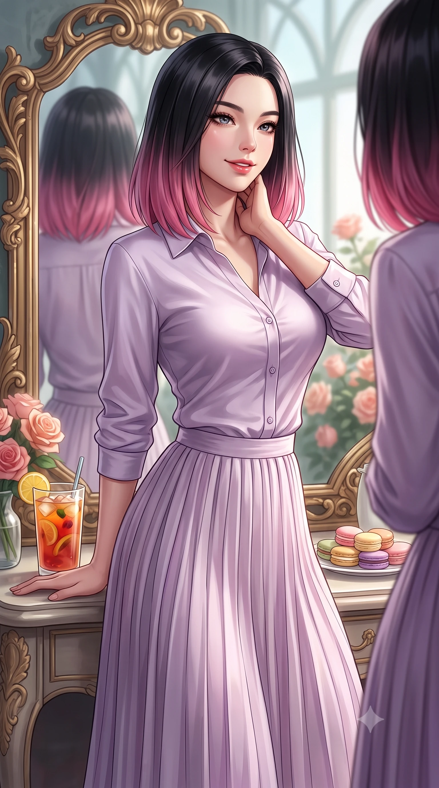 score_9, masterpiece, best quality, ultra-detailed, high-budget anime keyframe, editorial fashion photography, tasteful artistic composition, Korean woman. close-up cowboy shot from the waist and thighs up, the character dominates the composition, filling the frame with her large presence, background elements kept in soft focus. gazing into a gilded mirror reflection with a confident, sensual smile, tracing her neck contour set against a soft-focus background of inside an exclusive rose conservatory with a glass of iced fruit tea and delicate macaron pastries arranged on the table. She has an exceptionally elegant, slender, and willowy female figure with an ultra-slim waist, a gracefully sculpted slender torso, and a refined silhouette. sharp v-shaped jawline, high-bridge nose, intricate jewel-like eyes with depth, thick eyelashes, glossy lips with a natural sheen. wearing form-contouring pale lavender liquid satin casual linen button-down shirt paired with a flowy pleated midi skirt featuring refined tailored seams. accented by a single dramatic key light highlighting her statuesque posture and slim waist. highly saturated vibrant anime colors, detailed shading with soft gradients, rich glossy textures, high-contrast stereoscopic depth, volumetric dynamic lighting, master piece, 9:16 ratio