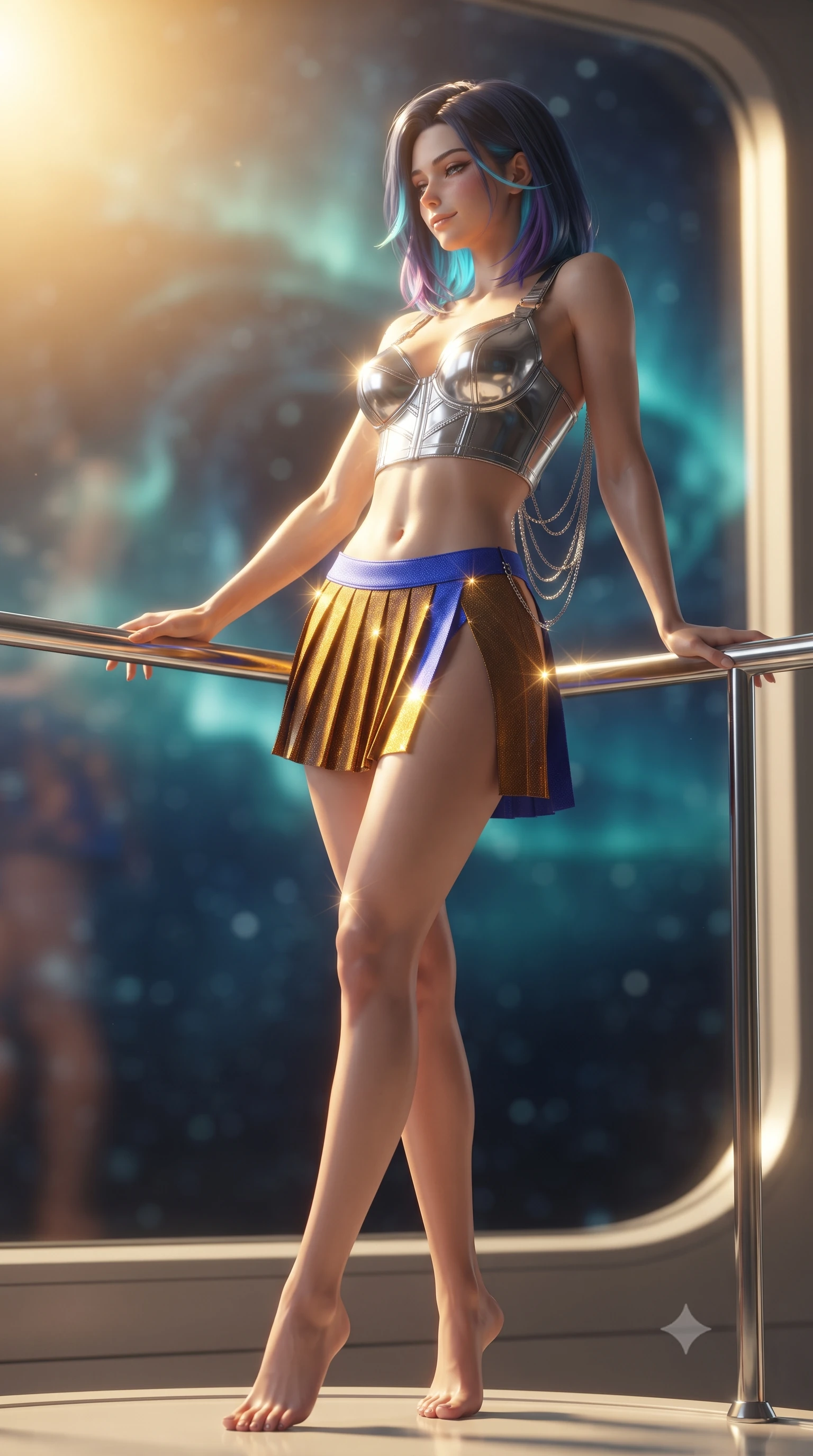 score_9, masterpiece, best quality, ultra-detailed, high-budget anime keyframe, editorial fashion photography, tasteful artistic composition, Caucasian woman. low angle full-body shot from head to toe showing her feet, filling the entire 9:16 vertical frame with her statuesque presence, stretching her vertical silhouette. lounging on the lavish daybed with legs crossed and hips angled toward the camera, displaying her toned midriff and long slender limbs with effortless siren poise while leaning against the magnetic safety rail with hips cocked back, looking through the deep space void at swirling auroral storms with heavy-lidded bedroom-eyes. The background shows a soft-focus solar flare ionization haze softened in orbital spire platform shallow focus. She has an exceptionally tall and slender model-like 8.5-heads proportion, an ultra-slim waist, a flat toned midriff, narrow delicate ribcage, and beautifully sculpted feminine hips creating a graceful, slim hourglass silhouette without any bulky heaviness, with impossibly long slender legs. sharp v-shaped jawline, high-bridge nose, intricate jewel-like sparkling eyes with depth, thick eyelashes, glossy parted lips with a natural peach sheen, bright cheerful beaming smile with an enchanting and coquettish sensual glint, exuding both youthful cute charm and seductive allure, flawlessly proportioned anatomical accuracy, strict slender model proportions, natural body alignment, perfectly sculpted long slender limbs, ultra-slim waistline, clean dynamic posture without body distortion. wearing a chrome-plated tactical combat bustier top with reinforced underwire paired with a low-rise pleated micro combat skirt in Jovian storm amber and electric cobalt, woven from stretch metallic lurex jersey casting radiant starlight glints across her curves, accented with an open-back drape framed by falling strands of delicate chrome chains, the high-slit wrap tailoring accentuating her ultra-slim waistline and the enchanting curve of her feminine hips with alluring seductive charm. bathed in the blinding warm golden 3500K solar radiance filtered through polarizing helmet smart-glass. ultra-reflective glossy finish, specular highlights, rich textural contrasts, high-contrast stereoscopic depth, volumetric dynamic lighting, 2k, ultra detail, master piece, 9:16 ratio