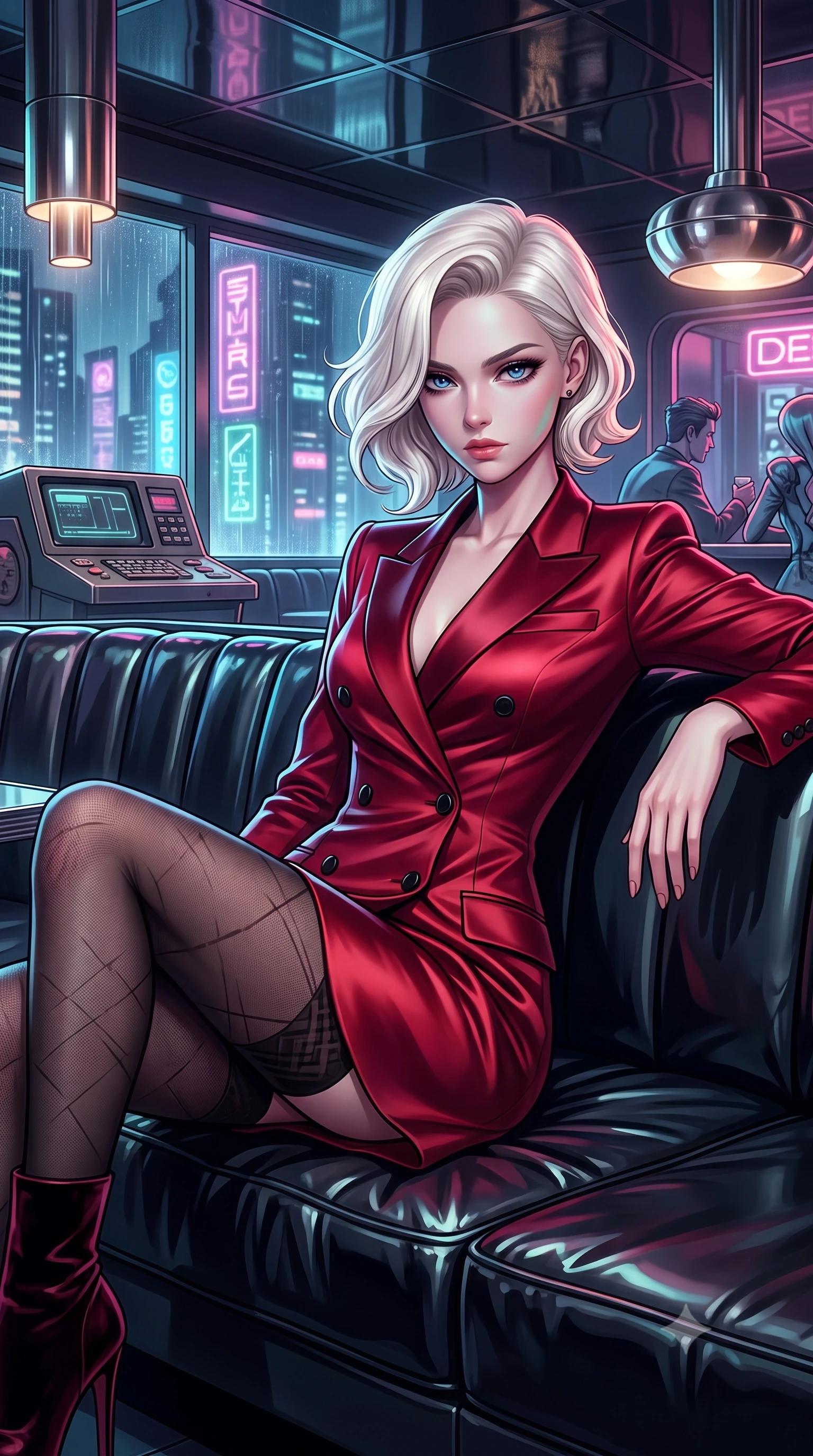 score_9, masterpiece, best quality, ultra-detailed, high-budget anime keyframe, editorial fashion photography, tasteful artistic composition, Caucasian woman. close-up cowboy shot from the waist and thighs up, the character dominates the composition, filling the frame with her large presence, background elements kept in soft focus. Casting a slow, direct gaze beneath heavy lashes with quiet intensity, lounging on a dark vinyl couch in a private retro-futuristic lounge at 2 AM, chic urban cyberpunk allure with intense visual presence. She has an exceptionally elegant, slender, and willowy female figure with an ultra-slim waist, a gracefully sculpted slender torso, and a refined silhouette. sharp v-shaped jawline, high-bridge nose, intricate jewel-like eyes with depth, thick eyelashes, glossy lips with a natural sheen. wearing tailored double-breasted obsidian blazer dress with silk lapels in dark charcoal gray, made of soft crimson satin, adorned with minimalist black onyx hardware framing the silhouette, sculpting her athletic slender build with refined precision. bathed in high-contrast specular reflections from mirror ceilings. highly saturated vibrant anime colors, detailed shading with soft gradients, rich glossy textures, high-contrast stereoscopic depth, volumetric dynamic lighting, master piece, 9:16 ratio