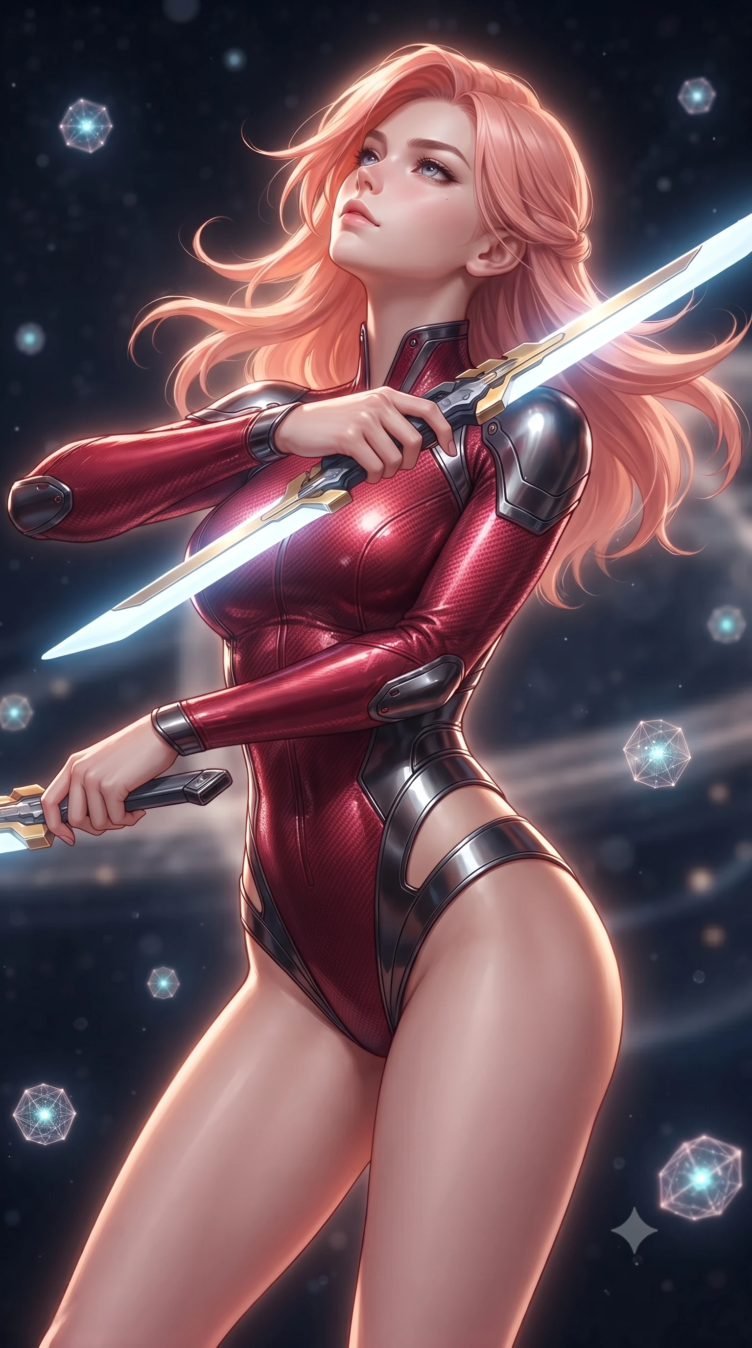 score_9, masterpiece, best quality, ultra-detailed, high-budget anime keyframe, editorial fashion photography, tasteful artistic composition, Japanese woman. close-up cowboy shot from the waist and thighs up, the character dominates the composition, filling the frame with her large presence. tilting her head back with serene regal elegance, her sharp jawline and sculpted collarbones highlighted by glowing weapon energy reflections while drifting gracefully through a field of orbiting micro-shields as gravitational distortion waves ripple around her contour. The composition keeps background elements in soft focus with creamy bokeh. gravitational containment rings and starship bridge architecture softened in smooth cosmic depth. She has an exceptionally elegant, slender, and willowy female figure with an ultra-slim waist, a gracefully sculpted slender torso, toned flat midriff, and a refined slim silhouette. sharp v-shaped jawline, high-bridge nose, intricate jewel-like eyes with depth, thick eyelashes, glossy lips with a natural sheen, flawlessly proportioned anatomical accuracy, strict slender model proportions, natural body alignment, perfectly sculpted long slender limbs, ultra-slim waistline, clean dynamic posture without body distortion. wearing a skin-tight crimson carbon-weave combat leotard with metallic dark chrome plating and hip-accentuating cutouts, holding twin glowing high-frequency vibro-blades with effortless supermodel poise in arctic white carbon composite with radiant solar gold plating, tailored from flexible second-skin carbon-mesh that clings flawlessly to her athletic curves, finished with high-mobility articulation joints and miniature magnetic armor locks, the liquid-tight tailored fabric emphasizing every curve of her tall, slender model proportions and sculptured silhouette during dynamic movement. surrounded by an awe-inspiring, supreme, and radiantly transcendent cosmic guardian goddess aura. ultra-reflective glossy finish, specular highlights, dark metallic sheen, high-contrast stereoscopic depth, volumetric dynamic lighting, 2k, ultra detail, master piece, 9:16 ratio