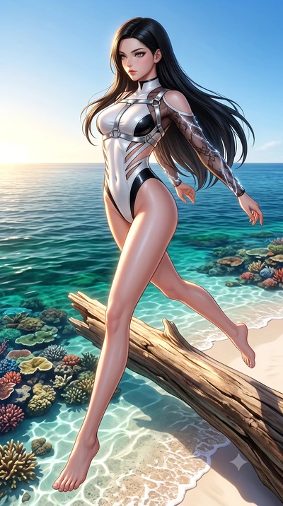 score_9, masterpiece, best quality, ultra-detailed, high-budget anime keyframe, semi-realistic 3D game render, editorial fashion photography, tasteful artistic composition, Korean woman. low angle full-body shot from head to toe showing her feet, fil