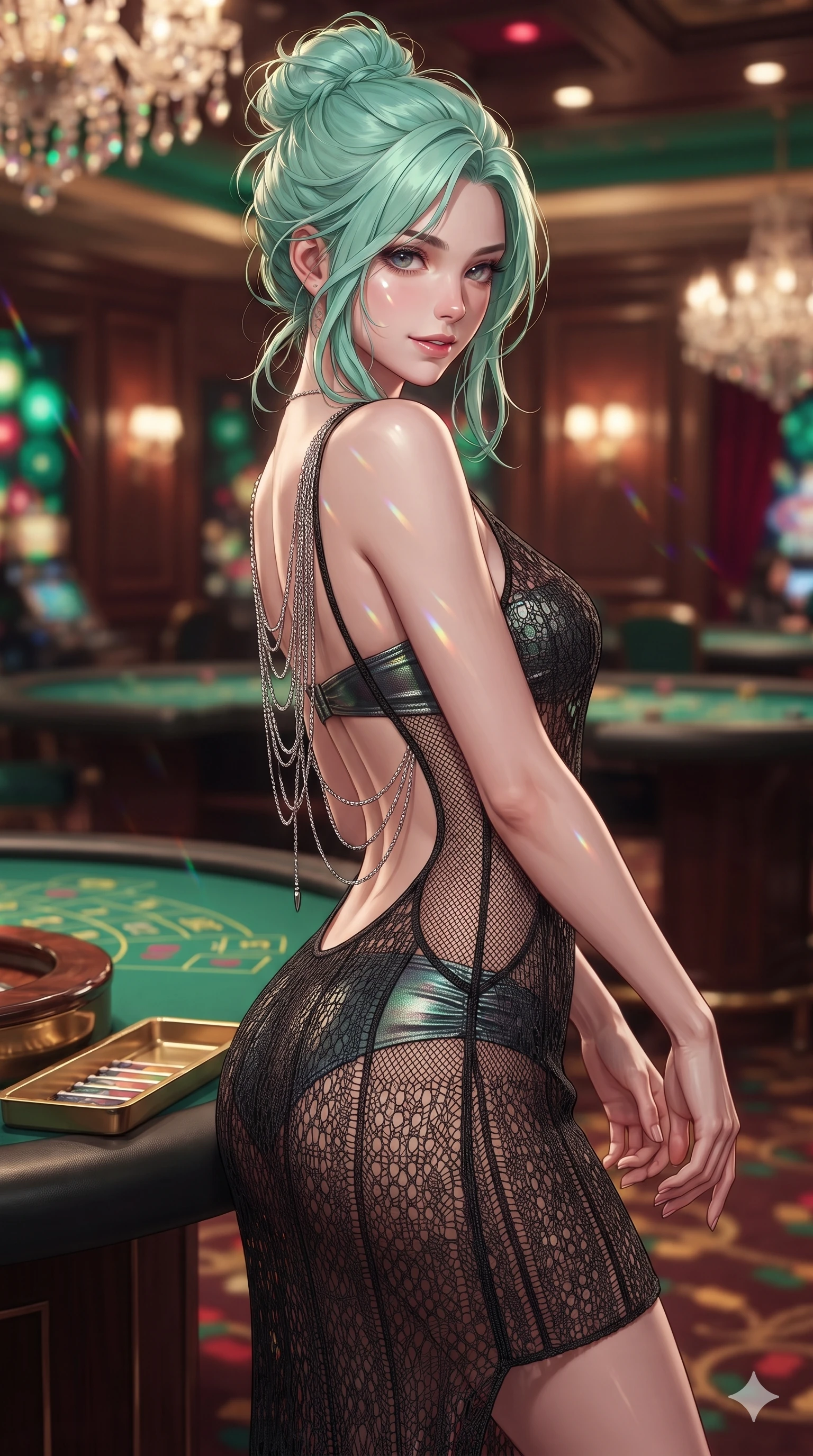 score_9, masterpiece, best quality, ultra-detailed, high-budget anime keyframe, editorial fashion photography, tasteful artistic composition, Japanese woman. close-up cowboy shot from the waist and thighs up, the character dominates the composition, filling the frame with her large presence. twisting her slender torso in a deep contrapposto stance, hips dramatically shifted to accentuate her feminine curves while looking past her shoulder with smoldering bedroom-eyes while twisting her slender torso in an alluring contrapposto stance beside the polished brass chip tray, chandelier prisms dancing across her curves. The background shows a soft-focus crystal chandeliers, emerald-green baize gaming tables, and polished mahogany paneling blurred into emerald, ruby, and gold bokeh. She has an exceptionally elegant, slender, and willowy female figure with an ultra-slim waist, flat toned midriff, narrow ribcage, and sculpted feminine hips creating an alluring, slim hourglass silhouette without bulk. sharp v-shaped jawline, high-bridge nose, intricate jewel-like dark sparkling eyes with dangerous depth, thick curled eyelashes, glossy parted lips with a rich wine sheen, smoldering seductive half-smile with bedroom-eyes, exuding effortless superiority and intoxicating dark allure, flawlessly proportioned anatomical accuracy, strict slender model proportions, natural body alignment, perfectly sculpted long slender limbs, ultra-slim waistline, clean dynamic posture without body distortion. wearing a delicate semi-sheer openwork crochet knit slip worn over a metallic micro-bandeau and ruched briefs in iridescent petroleum beetle-sheen and deep graphite, featuring strategic sheer-illusion micro-mesh cutouts along her ribcage and hip flanks, accented with an open-back drape framed by falling strands of delicate chrome chains, the impeccably tailored cut draping gracefully along her slender figure with aristocratic noir poise. illuminated by polished mahogany table bounce and sharp champagne-gold rim lights sculpting her razor-sharp jawline, narrow waist, and curvy hips. ultra-reflective glossy finish, specular highlights, rich textural contrasts, high-contrast stereoscopic depth, volumetric dynamic lighting, 2k, ultra detail, master piece, 9:16 ratio