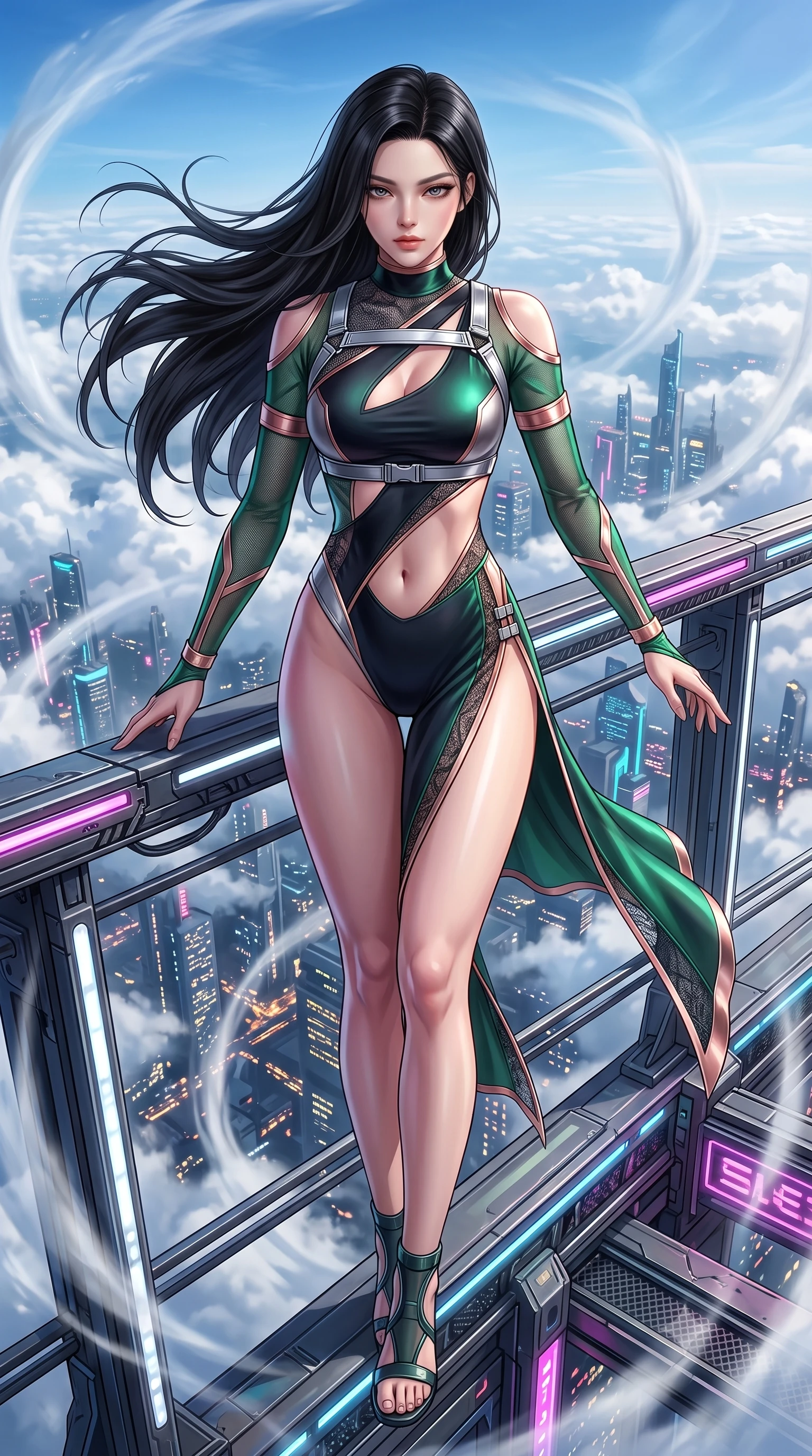 score_9, masterpiece, best quality, ultra-detailed, high-budget anime keyframe, semi-realistic 3D game render, editorial fashion photography, tasteful artistic composition, Korean woman. low angle full-body shot from head to toe showing her feet, filling the entire 9:16 vertical frame with her statuesque presence, stretching her vertical silhouette. performing an alluring mid-air vault with flawless poise, looking directly into the camera with smoldering intensity while balancing with flawless poise on a neon-lit parapet high above the futuristic city clouds. The surrounding environment is rendered in vivid detail and crisp panoramic clarity. high-altitude wind vortexes and detailed metallic railing textures captured with environmental sharpness. She has an absolutely perfect, statuesque 8.5-heads proportion, an exceptionally tall and slender model-like female figure with impossibly long slender legs and an ultra-slim waist. sharp v-shaped jawline, high-bridge nose, intricate jewel-like eyes with depth, thick eyelashes, glossy lips with a natural sheen, flawlessly proportioned anatomical accuracy, natural body alignment, perfectly sculpted elegant limbs, clean dynamic posture without body distortion. wearing an ultra-sleek high-cut tech-bodysuit featuring dangerous diagonal slitted cutouts on the midriff and shoulders, reinforced by a metallic silver harness and sheer mesh sleeves in emerald green and metallic rose gold trim, crafted from delicate dark lace interwoven with luminescent micro-fibers, finished with an ultra-high side slit secured by miniature magnetic clasps, the glove-like fit tightly following every curve of her statuesque athletic build. surrounded by a dizzying, windswept, and exhilarating high-altitude sensual aura. highly saturated vibrant anime colors, detailed shading with soft gradients, rich glossy textures, high-contrast stereoscopic depth, volumetric dynamic lighting, master piece, 9:16 ratio