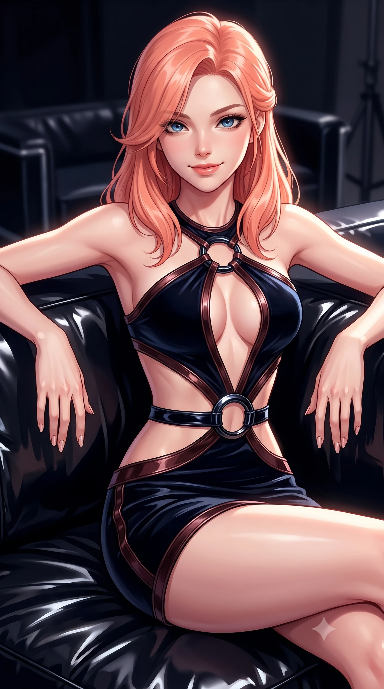 score_9, masterpiece, best quality, ultra-detailed, high-budget anime keyframe, editorial fashion photography, tasteful artistic composition, Japanese woman. close-up cowboy shot from the waist and thighs up, the character dominates the composition, filling the frame with her large presence, background elements kept in soft focus. Smiling with quiet, magnetic self-assurance directly into the camera, lounging on a high-gloss black vinyl sofa under dramatic studio key lights, edgy, ultra-modern luxury fashion aesthetic. She has an exceptionally elegant, slender, and willowy female figure with an ultra-slim waist, a gracefully sculpted slender torso, and a refined silhouette. sharp v-shaped jawline, high-bridge nose, intricate jewel-like eyes with depth, thick eyelashes, glossy lips with a natural sheen. wearing dramatic architectural open-waist cutout mini dress in dark velvet framed by chrome hardware in dark mahogany, made of high-gloss liquid vinyl, accented with sculpted obsidian chrome rings at the waist, sculpting her athletic slender build with refined precision. lit by dramatic spotlighting highlighting her athletic contours. highly saturated vibrant anime colors, detailed shading with soft gradients, rich glossy textures, high-contrast stereoscopic depth, volumetric dynamic lighting, master piece, 9:16 ratio