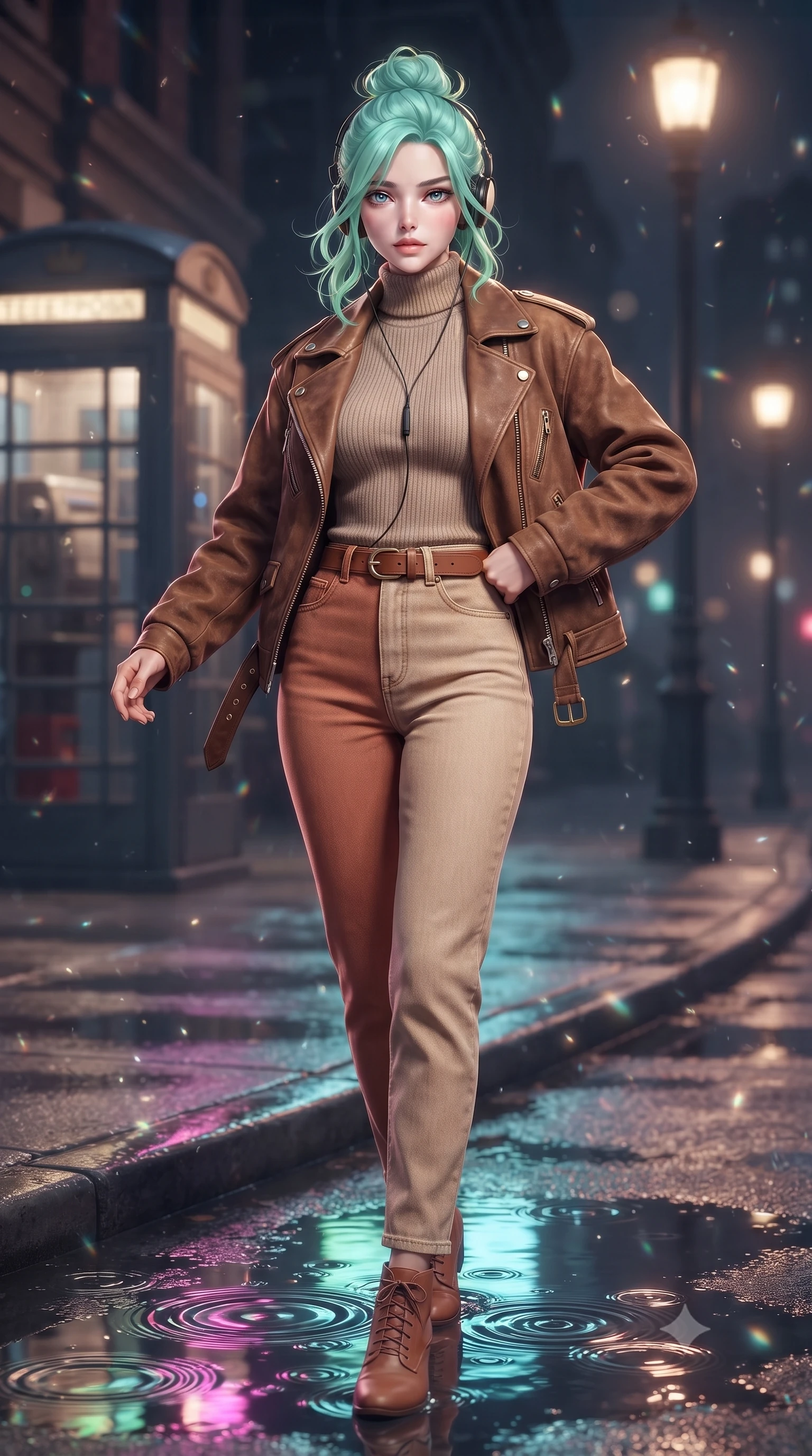 score_9, masterpiece, best quality, ultra-detailed, high-budget anime keyframe, editorial fashion photography, tasteful artistic composition, Japanese woman. low angle full-body shot from head to toe showing her feet, filling the entire 9:16 vertical frame with her statuesque presence, stretching her vertical silhouette. standing poised with one hip cocked in an alluring high-fashion pose, her tall 8.5-heads proportions dominating the scene while twirling on the wet sidewalk corner as neon reflection puddles create mirror images of her slender silhouette. The composition keeps background elements in soft focus with creamy bokeh. refracted telephone booth light rays and splashing puddle ripples scattering shimmering light motes. She has an absolutely perfect, statuesque 8.5-heads proportion, an exceptionally tall and slender model-like female figure with impossibly long slender legs, a toned flat midriff, and an ultra-slim waist. sharp v-shaped jawline, high-bridge nose, intricate jewel-like eyes with depth, thick eyelashes, glossy lips with a natural sheen, captivating and magnetic expression, flawlessly proportioned anatomical accuracy, strict slender model proportions, natural body alignment, perfectly sculpted long slender limbs, ultra-slim waistline, clean dynamic posture without body distortion. wearing an iconic oversized vintage brown leather biker jacket worn over a snug ribbed turtleneck and high-rise mom jeans in warm terracotta and oatmeal beige, tailored from velvety soft genuine suede with classic stitched seams, accessorized with a classic leather belt with brass buckle and retro on-ear foam headphones, the form-contouring material adhering flawlessly to her sculpted flat midriff and slender torso, emphasizing her long leg lines and perfectly proportioned willowy build. illuminated by soft glowing highlights defining her delicate features, glossy lips, and slender torso. ultra-reflective glossy finish, specular highlights, rich textural contrasts, high-contrast stereoscopic depth, volumetric dynamic lighting, 2k, ultra detail, master piece, 9:16 ratio