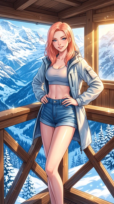 score_9, masterpiece, best quality, ultra-detailed, high-budget anime keyframe, vibrant anime aesthetic, Japanese woman. cowboy shot from the thighs up, character and outfit filling the frame for maximum presence. She is posing with a cheerful and co