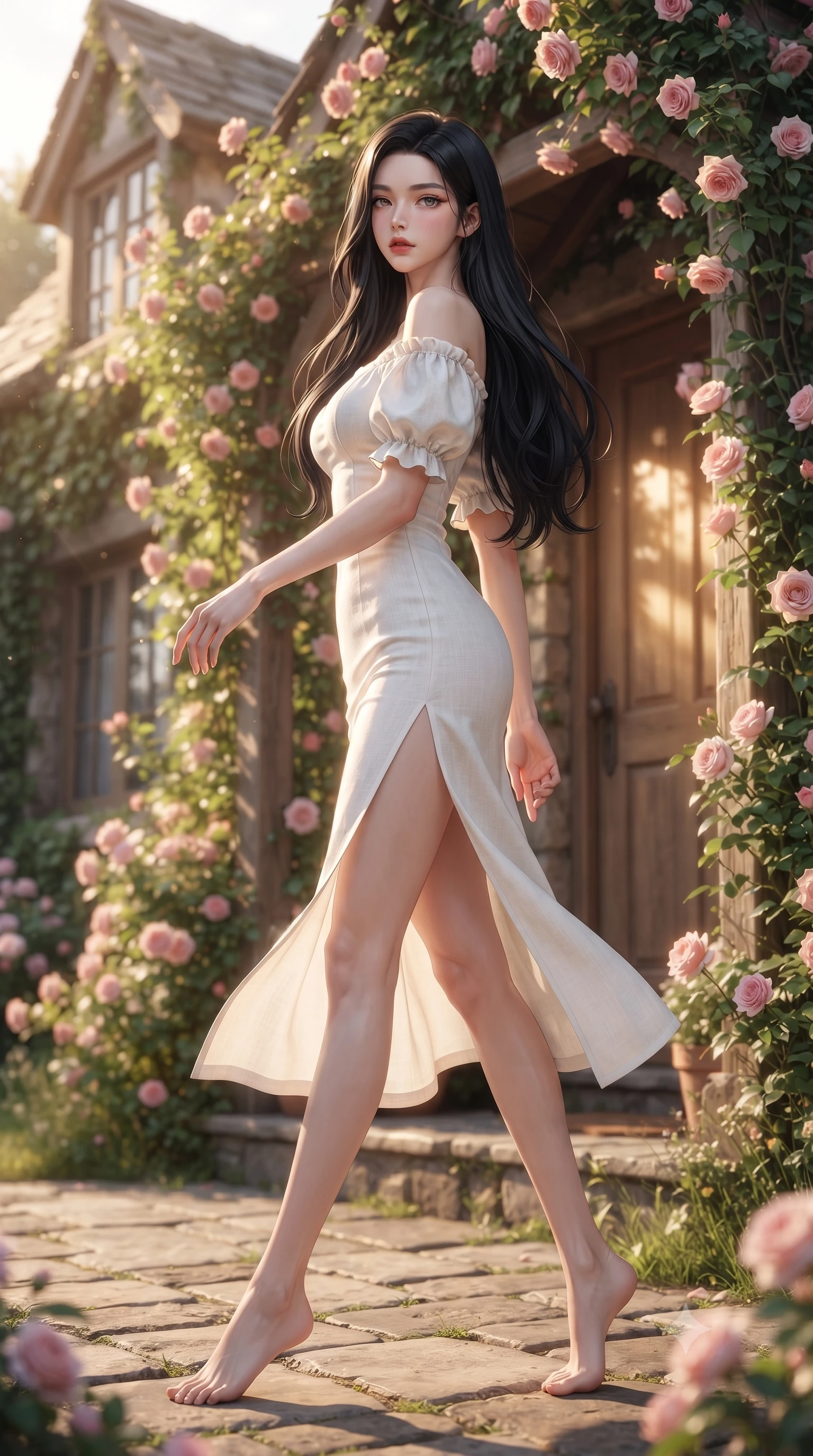 score_9, masterpiece, best quality, ultra-detailed, high-budget anime keyframe, editorial fashion photography, tasteful artistic composition, Korean woman woman. low angle full-body shot from head to toe showing her feet, filling the entire 9:16 vertical frame with her statuesque presence, stretching her vertical silhouette. stepping gracefully while looking back over her shoulder, her dress draped tightly to reveal her silhouette the background shows a soft-focus the front porch of a rustic cottage covered in pink roses and ivy. She has an absolutely perfect, statuesque 8.5-heads proportion, an exceptionally tall and slender model-like female figure with impossibly long slender legs and an ultra-slim waist. sharp v-shaped jawline, high-bridge nose, intricate jewel-like eyes with depth, thick eyelashes, glossy lips with a natural sheen. wearing a body-hugging off-shoulder white linen summer dress featuring a high side slit ascending to mid-thigh. warm morning sunbeams highlighting the wooden door and flowers. ultra-reflective glossy finish, specular highlights, metallic sheen, high-contrast stereoscopic depth, volumetric dynamic lighting, 2k, ultra detail, master piece, 9:16 ratio