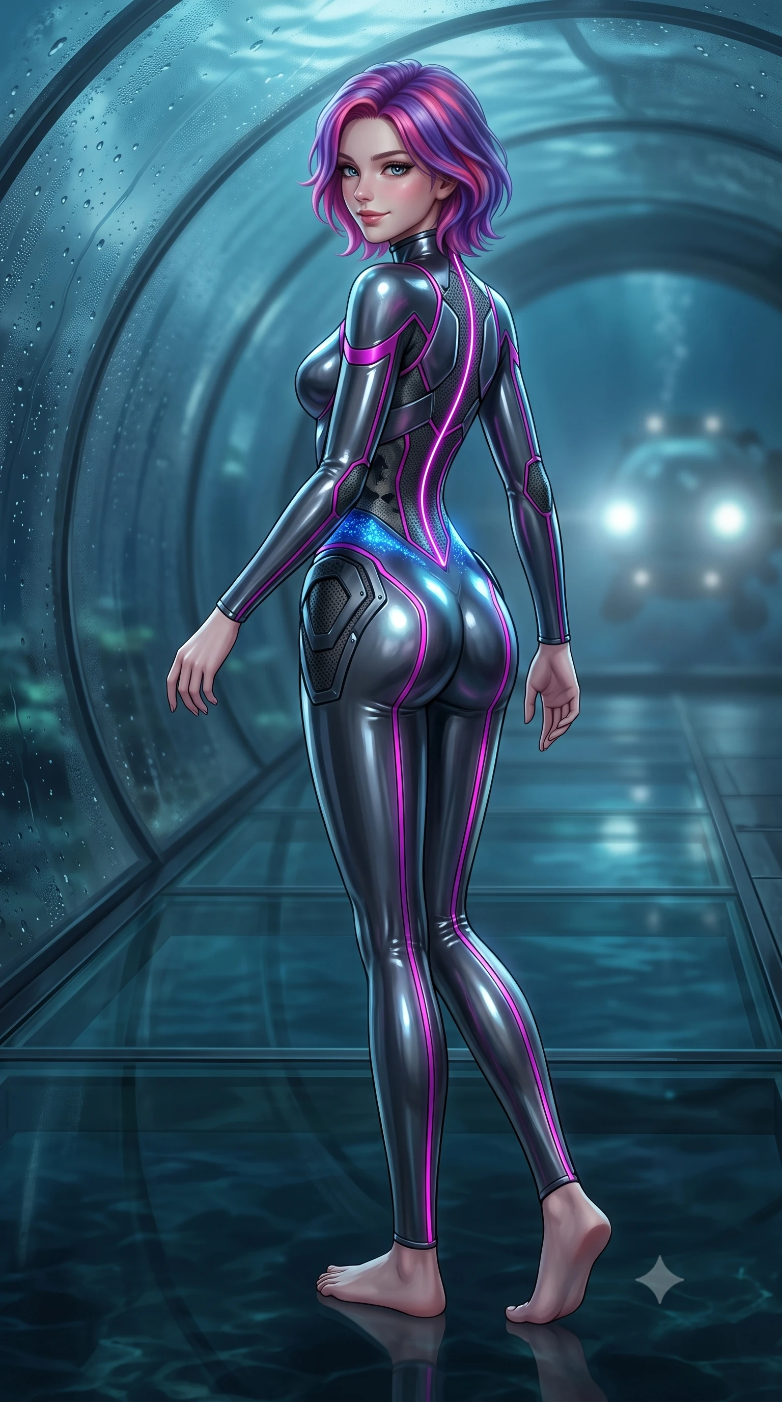 score_9, masterpiece, best quality, ultra-detailed, high-budget anime keyframe, semi-realistic 3D game render, editorial fashion photography, tasteful artistic composition, Caucasian woman. low angle full-body shot from head to toe showing her feet, filling the entire 9:16 vertical frame with her statuesque presence, stretching her vertical silhouette. walking slowly along the transparent glass skybridge, looking back over her shoulder with an air of effortless grace and an alluring, smoldering smile while twisting her slender torso in an alluring contrapposto stance, deep-sea bioluminescence playing across her narrow waist and rounded hips. The background shows a soft-focus condensation beads on curved dome glass and distant research submarine headlights softened in moody aquatic shallow focus. She has an absolutely perfect, statuesque 8.5-heads proportion, an exceptionally tall and slender model-like female figure with impossibly long slender legs, an ultra-slim waist, a flat toned midriff, narrow delicate ribcage, and beautifully sculpted feminine hips creating a graceful, slim hourglass silhouette without any bulky heaviness. sharp v-shaped jawline, high-bridge nose, intricate jewel-like sparkling eyes with depth, thick eyelashes, glossy parted lips with a natural sheen, bright confident smile with an enchanting and coquettish sensual glint, exuding both youthful magnetic charm and sovereign high-tech allure, flawlessly proportioned anatomical accuracy, strict slender model proportions, natural body alignment, perfectly sculpted long slender limbs, ultra-slim waistline, clean dynamic posture without body distortion. wearing a second-skin cybernetic stealth suit with active-camo optical mesh and sculpted carbon hip guards in deep titanium gunmetal and radiant magenta neon, tailored from ultra-reflective glossy liquid vinyl with mirror-like specular highlights, accented with glowing neon fiber-optic piping tracing her spine and hip lines, the high-waisted tailoring accentuating her ultra-slim waistline and the enchanting curve of her feminine hips with alluring dark charm. bathed in eerie deep-sea sapphire bioluminescence and warm interior instrument glow. highly saturated vibrant anime colors, detailed shading with soft gradients, rich glossy textures, high-contrast stereoscopic depth, volumetric dynamic lighting, master piece, 9:16 ratio