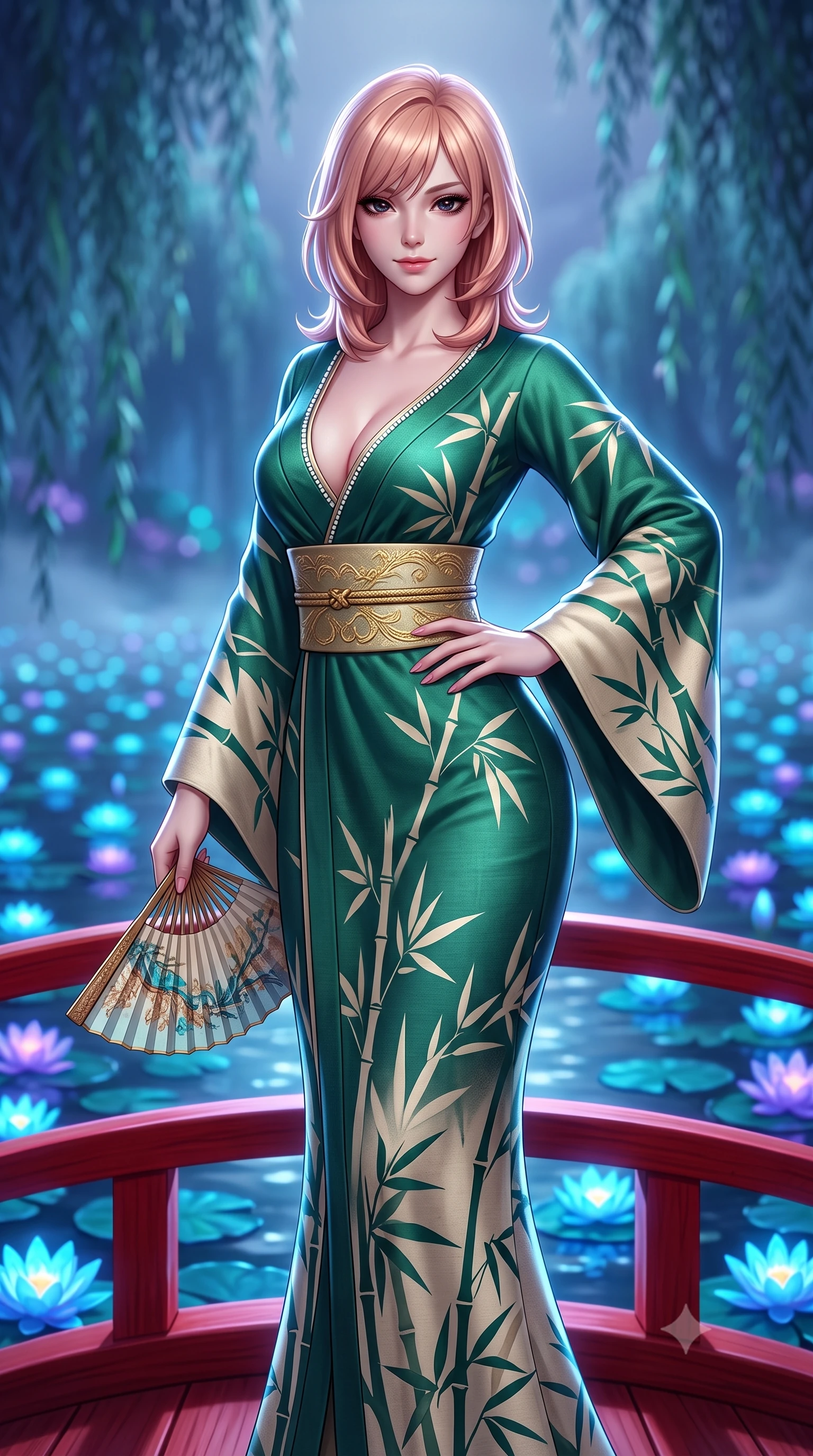 score_9, masterpiece, best quality, ultra-detailed, high-budget anime keyframe, semi-realistic 3D game render, editorial fashion photography, tasteful artistic composition, Japanese woman. close-up cowboy shot from the waist and thighs up, the character dominates the composition, filling the frame with her large presence. twisting her slender torso in an alluring contrapposto stance, one hand resting on her sculpted hip while holding a traditional silk folding fan with effortless poise while standing poised on the high arched vermilion moon bridge above glowing blue water lilies, arching her spine with celestial oriental grace. The background shows a soft-focus hundreds of pulsating cyan and ultraviolet floating water lilies and misty weeping willows blurred into sapphire, turquoise, and amethyst bokeh. She has an exceptionally elegant, slender, and willowy female figure with an ultra-slim waist, flat toned midriff, narrow ribcage, and sculpted feminine hips creating an alluring, slim hourglass silhouette without bulk. sharp v-shaped jawline, high-bridge nose, intricate jewel-like dark sparkling almond eyes with depth, thick lashes, glossy parted lips with a natural rose-plum sheen, bright alluring and coquettish smile with bedroom-eyes, exuding both timeless oriental elegance and sovereign high-fashion allure, flawlessly proportioned anatomical accuracy, strict slender model proportions, natural body alignment, perfectly sculpted long slender limbs, ultra-slim waistline, clean dynamic posture without body distortion. wearing a deep plunging-V modern kimono gown with wide flowing sleeves and a waist-cinching gold embroidered sash in fresh bamboo emerald and soft oatmeal cream, tailored from smooth celadon raw silk with natural organic slub texture, finished with subtle crystal rhinestones tracing the elegant neckline, the high-waisted wrap tailoring accentuating her ultra-slim waistline and the enchanting curve of her feminine hips with alluring oriental charm. illuminated by soft moonlight and sharp platinum rim lights defining her sculpted collarbones, ultra-slim waist, and curvy hips. highly saturated vibrant anime colors, detailed shading with soft gradients, rich glossy textures, high-contrast stereoscopic depth, volumetric dynamic lighting, master piece, 9:16 ratio