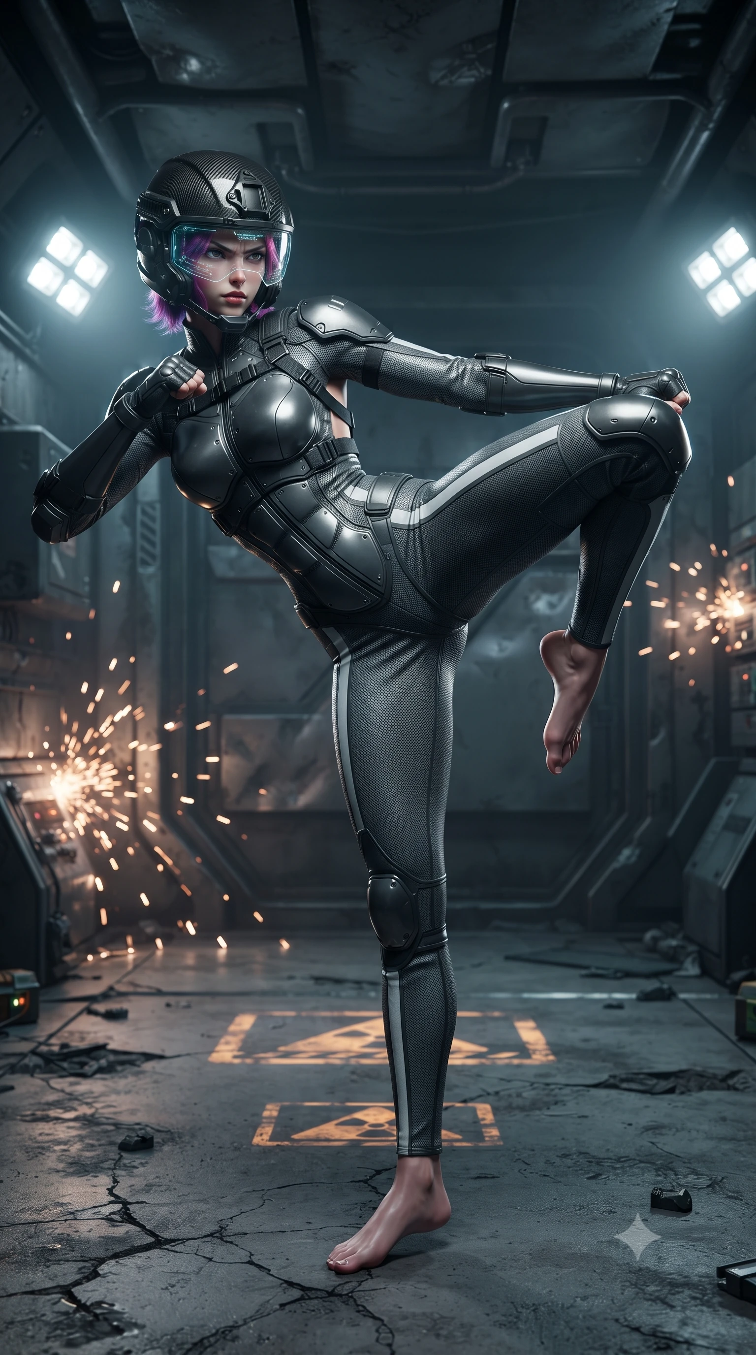 score_9, masterpiece, best quality, ultra-detailed, high-budget anime keyframe, editorial fashion photography, tasteful artistic composition, Caucasian woman. low angle full-body shot from head to toe showing her feet, filling the entire 9:16 vertical frame with her statuesque presence, stretching her vertical silhouette. pivoting dynamically in a high-speed low sweep kick along the cracked concrete, her athletic torso and ultra-slim waist twisting in a fluid arc of power while standing tall under blinking emergency floodlights as the bunker security systems spark and collapse in defeat. The surrounding environment is rendered in vivid detail and crisp panoramic clarity. sharp heavy modular cuirass plate bevels, glowing hazard symbol stencils, and dented steel bulkheads in deep focus. She has an absolutely perfect, statuesque 8.5-heads proportion, an exceptionally tall and slender model-like female figure with impossibly long slender legs, a toned flat midriff, and an ultra-slim waist. sharp v-shaped jawline, high-bridge nose, intricate jewel-like eyes with depth, thick eyelashes, glossy lips with a natural sheen, fierce and resolute heroine expression, flawlessly proportioned anatomical accuracy, strict slender model proportions, natural body alignment, perfectly sculpted long slender limbs, ultra-slim waistline, clean dynamic posture without body distortion. wearing an open-face aerodynamic carbon-fiber combat helmet with a retracted transparent holographic HUD visor framing her sharp jawline and jewel-like eyes, paired with a tailored tactical combat jumpsuit with an open-back harness design, reinforced composite breastplate, and high-mobility elbow dampers in storm-grey carbon mesh with high-contrast white hazard stripes, tailored from flexible second-skin ballistic carbon-mesh adhering flawlessly to her athletic build, finished with high-mobility flexible armor articulation seams and miniature magnetic locks, the glove-like aerodynamic second-skin fit tightly clinging to her ultra-slender waist and athletic curves without adding bulk, accentuating her razor-sharp statuesque lines and slim hourglass silhouette. illuminated by sharp specular highlights tracing her ultra-slim waist, long legs, and sculpted armor plates. ultra-reflective glossy finish, specular highlights, dark metallic sheen, high-contrast stereoscopic depth, volumetric dynamic lighting, 2k, ultra detail, master piece, 9:16 ratio