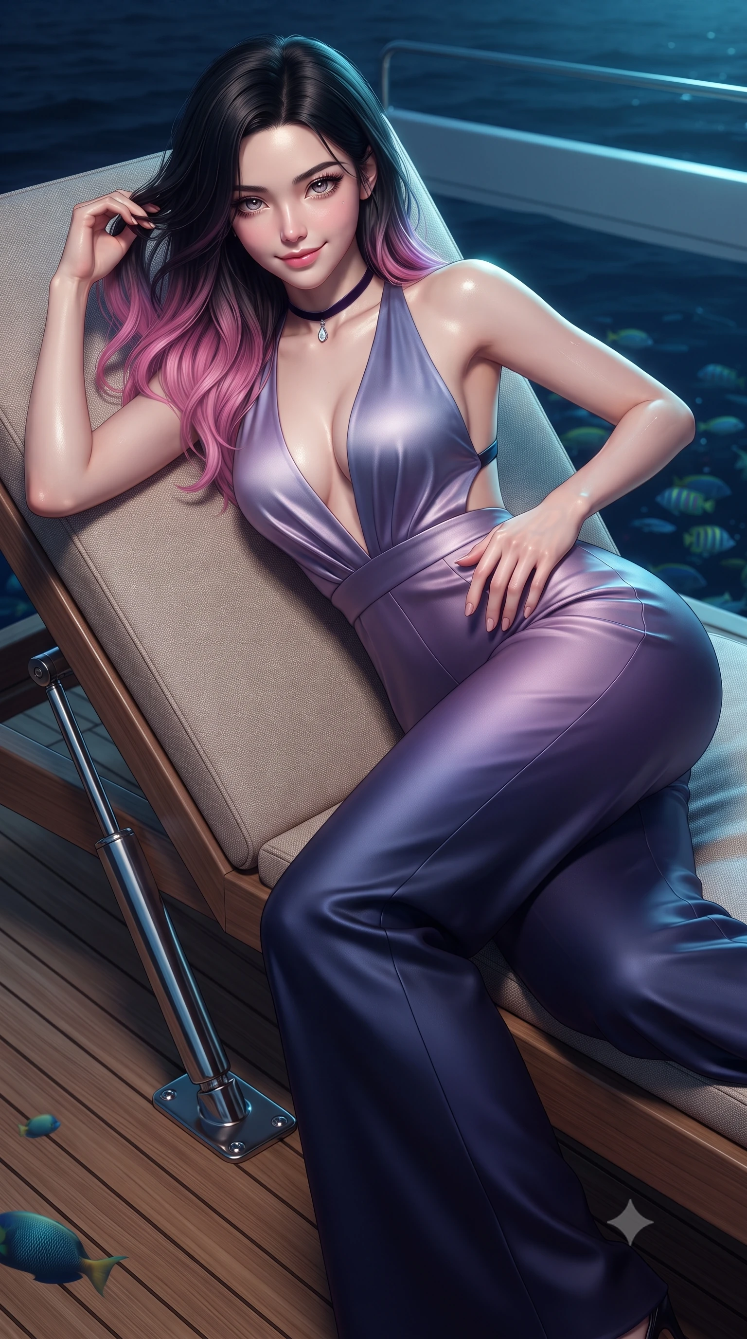 score_9, masterpiece, best quality, ultra-detailed, high-budget anime keyframe, editorial fashion photography, tasteful artistic composition, Korean woman. close-up cowboy shot from the waist and thighs up, the character dominates the composition, filling the frame with her large presence. twisting her slender torso in an alluring contrapposto stance, one hand resting on her sculpted hip while her fingers toy with her hair with effortless poise while lounging on an outdoor teak sunbed propped on one elbow, her flat midriff and long slender legs commanding the nocturnal ocean realm. The surrounding environment is rendered in vivid detail and crisp panoramic clarity: sharp teak plank caulking, stainless steel hydraulic piston polish, and swimming reef fish clarity in deep focus. She has an exceptionally elegant, slender, and willowy female figure with an ultra-slim waist, flat toned midriff, narrow ribcage, and sculpted feminine hips creating an alluring, slim hourglass silhouette without bulk. sharp v-shaped jawline, high-bridge nose, sparkling eyes with hypnotic seductive depth, thick curled eyelashes, glossy parted lips with a natural dewy peach sheen, alluring bedroom-eyes with an enchanting coquettish smile, exuding magnetic siren charisma and sophisticated glamour, flawlessly proportioned anatomical accuracy, strict slender model proportions, natural body alignment, perfectly sculpted long slender limbs, ultra-slim waistline, clean dynamic posture without body distortion. wearing a backless plunge-front silk satin jumpsuit with fluid wide-leg silhouette and side hip cutouts in twilight lavender and midnight indigo, woven from buttery-soft stretch lambskin leather adhering to her body like a second skin, finished with a thin velvet ribbon choker and a single teardrop diamond pendant, the liquid-tight tailored fabric clinging flawlessly to her narrow waist and rounded feminine hips, emphasizing every millimeter of her sculpted slim hourglass curves without any bulky heaviness. illuminated by water surface reflection bounce and sharp cyan-gold rim lights defining her delicate clavicles, narrow waist, and curvy hips. ultra-reflective glossy finish, specular highlights, rich textural contrasts, high-contrast stereoscopic depth, volumetric dynamic lighting, 2k, ultra detail, master piece, 9:16 ratio