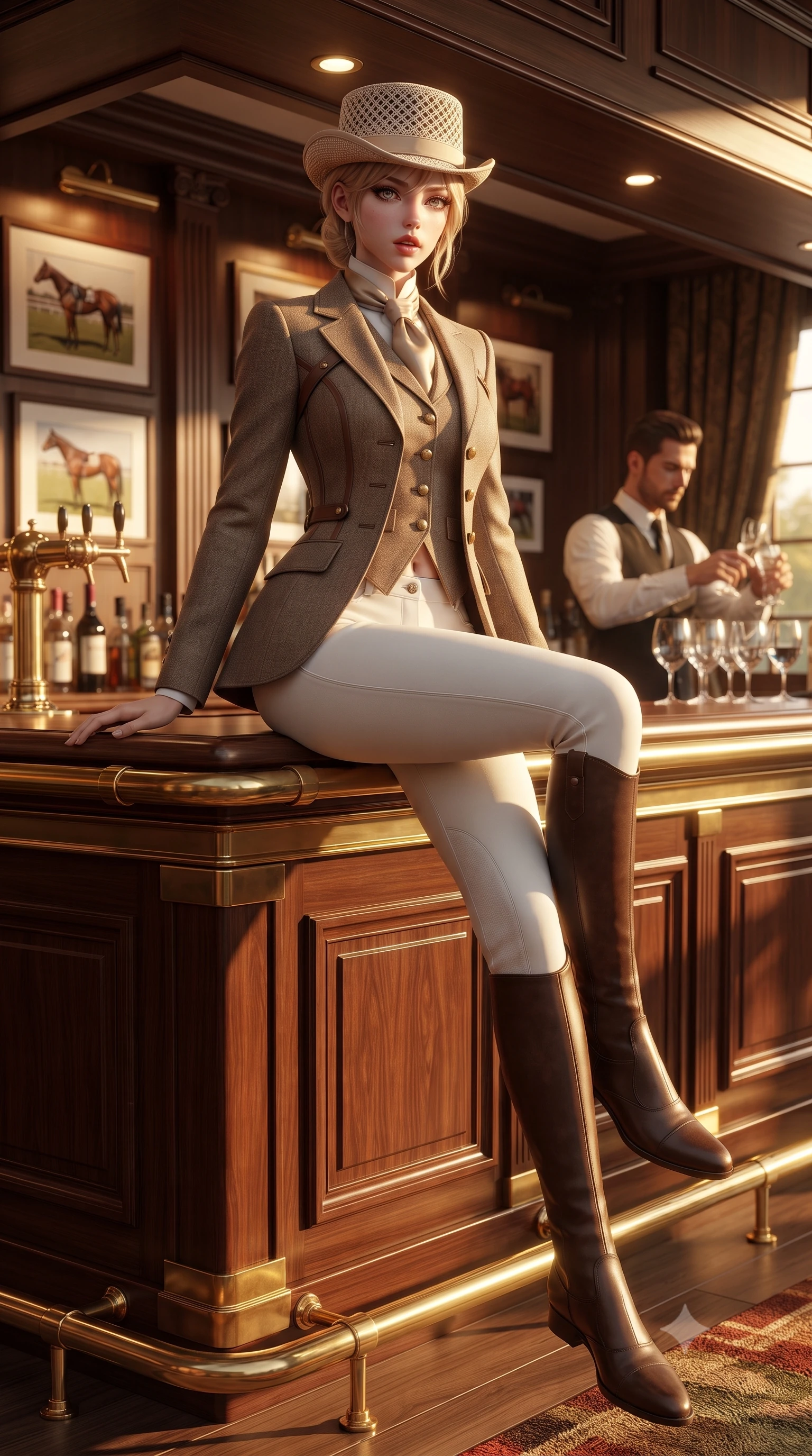 score_9, masterpiece, best quality, ultra-detailed, high-budget anime keyframe, editorial fashion photography, tasteful artistic composition, Japanese woman. low angle full-body shot from head to toe showing her feet, filling the entire 9:16 vertical frame with her statuesque presence, stretching her vertical silhouette. sitting perched on the elevated edge with hips angled toward the camera and legs crossed, displaying her toned midriff and flawlessly sculpted slender limbs while twisting her slender torso in an assertive contrapposto stance beside the private turf bar, her form-contouring riding suit sculpting her feminine hourglass lines. The surrounding environment is rendered in vivid detail and crisp panoramic clarity. detailed equestrian leather harness stitching, fine wool tailoring, and lace hat weave in high clarity. She has an exceptionally tall and slender model-like 8.5-heads proportion, an ultra-slim waist, a flat toned midriff, narrow delicate ribcage, and beautifully sculpted feminine hips creating a graceful, slim hourglass silhouette without any bulky heaviness, with impossibly long slender legs. sharp v-shaped jawline, high-bridge nose, intricate jewel-like eyes with depth, thick eyelashes, glossy parted lips with a natural sheen, intensely captivating and seductive bedroom-eyes expression, flawlessly proportioned anatomical accuracy, strict slender model proportions, natural body alignment, perfectly sculpted long slender limbs, ultra-slim waistline, clean dynamic posture without body distortion. wearing a liquid-silver aerodynamic space-couture catsuit with an open scooped back and sheer contouring mesh hip panels in desert terracotta copper and sun-baked sand gold, made of fluid silk crepe with delicate inner corsetry boning, complemented by a bold geometric choker and sparkling cocktail ring, the form-contouring material adhering flawlessly to her sculpted flat midriff and slender torso, emphasizing her long leg lines and perfectly proportioned willowy build. bathed in glorious golden-hour afternoon sunlight and warm white marquee bounce fill. ultra-reflective glossy finish, specular highlights, rich textural contrasts, high-contrast stereoscopic depth, volumetric dynamic lighting, 2k, ultra detail, master piece, 9:16 ratio