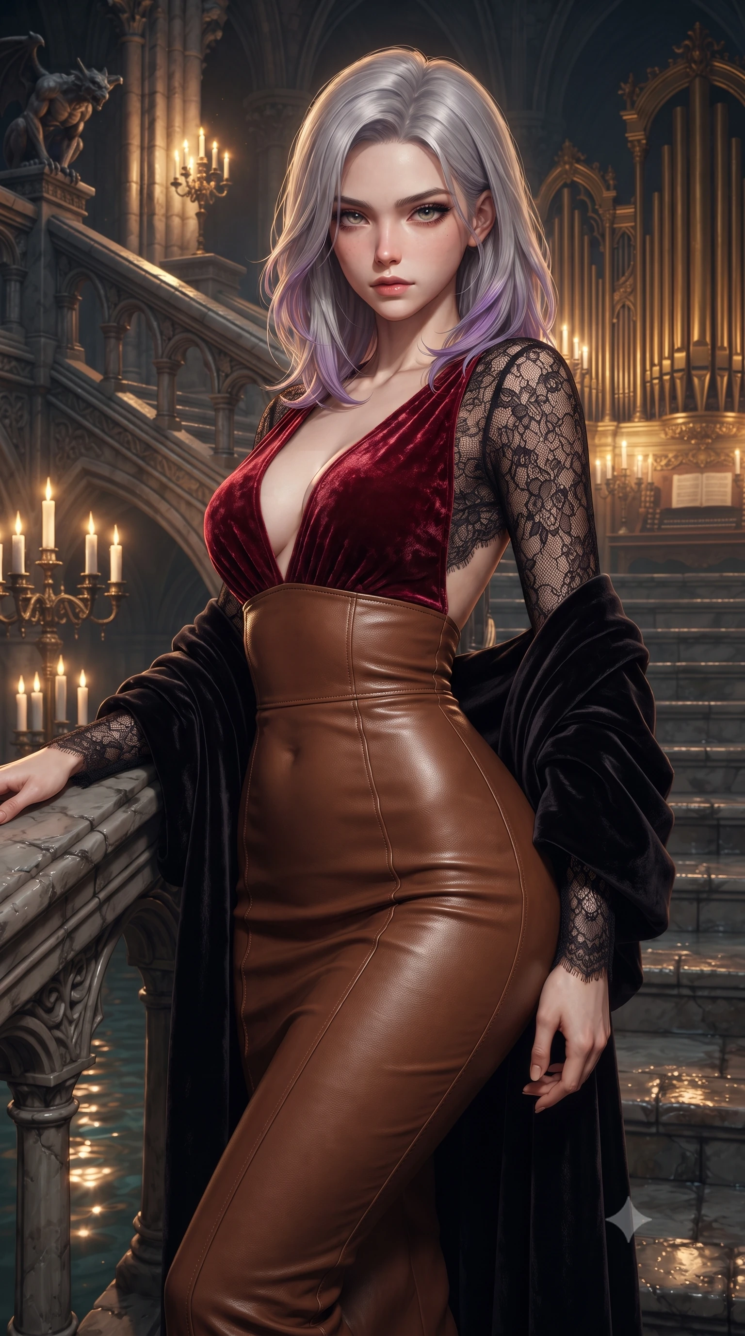 score_9, masterpiece, best quality, ultra-detailed, high-budget anime keyframe, editorial fashion photography, tasteful artistic composition, Caucasian woman. close-up cowboy shot from the waist and thighs up, the character dominates the composition, filling the frame with her large presence. leaning back with relaxed seductive grace, her sculpted collarbones and narrow waist highlighted as she casts smoldering bedroom-eyes directly into the camera while gliding down the candlelit marble cavern steps with sovereign grace, her liquid dark drapery clinging seamlessly to her slender model waist. The surrounding environment is rendered in vivid detail and crisp panoramic clarity. sharp carved gothic gargoyle textures, gilded organ pipe polish, and wet cavern flagstones in deep focus. She has an exceptionally elegant, slender, and willowy female figure with an ultra-slim waist, flat toned midriff, narrow ribcage, and sculpted feminine hips creating an alluring, slim hourglass silhouette without bulk. sharp v-shaped jawline, high-bridge nose, intricate jewel-like eyes with depth, thick eyelashes, glossy parted lips with a natural sheen, intensely captivating and seductive bedroom-eyes expression, flawlessly proportioned anatomical accuracy, strict slender model proportions, natural body alignment, perfectly sculpted long slender limbs, ultra-slim waistline, clean dynamic posture without body distortion. wearing a plunging-V neckline crushed crimson velvet opera gown with delicate black lace sleeves and bare back in rich equestrian cognac brown and crisp champagne cream, formed from supple second-skin lambskin leather with specular sheen, complemented by a plush velvet shawl draped loosely over her elbows, the form-contouring material adhering flawlessly to her sculpted flat midriff and slender torso, emphasizing her long leg lines and perfectly proportioned willowy build. bathed in warm golden candelabra flicker from all sides and soft subterranean lake water reflections. ultra-reflective glossy finish, specular highlights, rich textural contrasts, high-contrast stereoscopic depth, volumetric dynamic lighting, 2k, ultra detail, master piece, 9:16 ratio