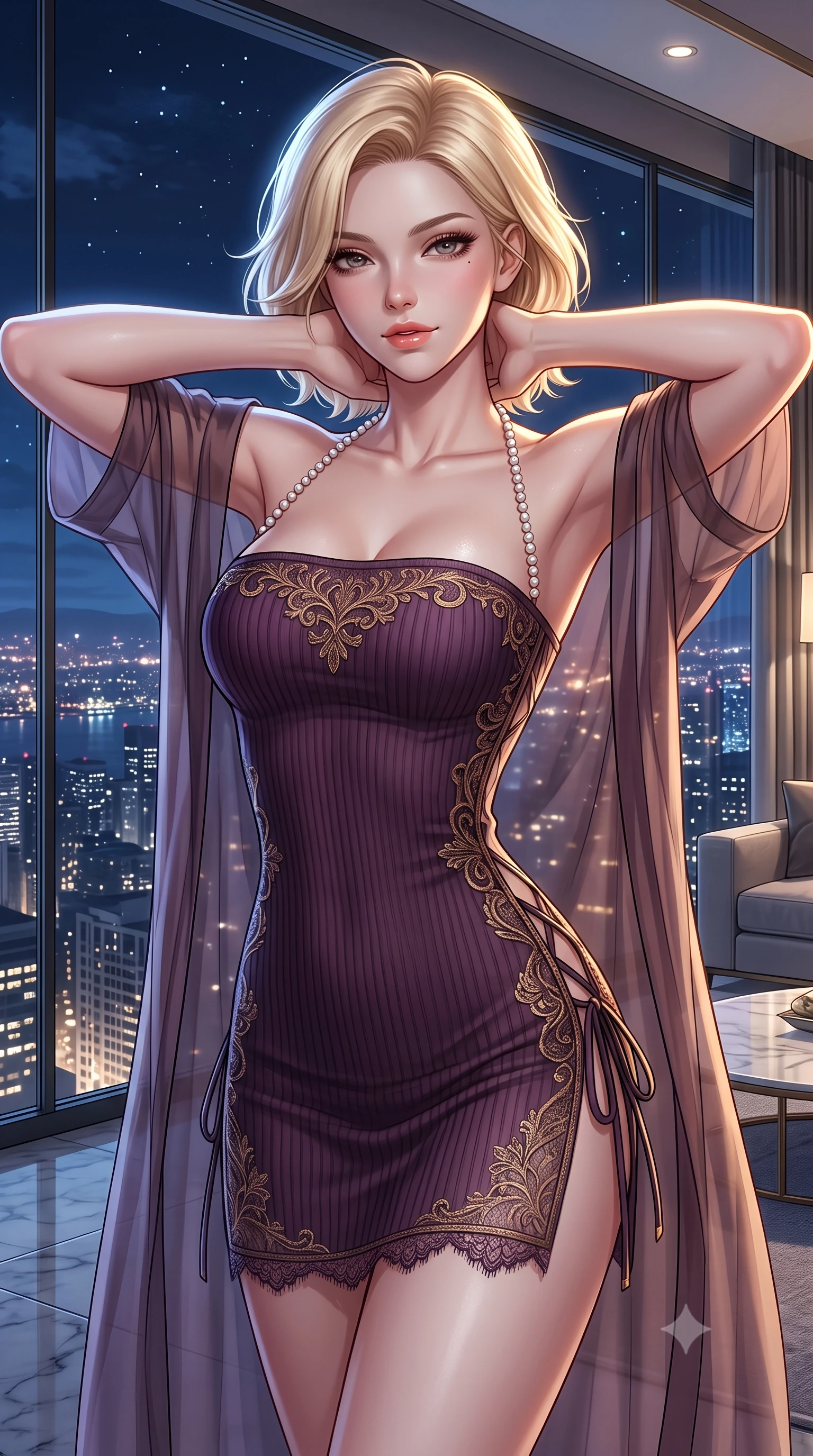 score_9, masterpiece, best quality, ultra-detailed, high-budget anime keyframe, semi-realistic 3D game render, editorial fashion photography, tasteful artistic composition, Caucasian woman. close-up cowboy shot from the waist and thighs up, the character dominates the composition, filling the frame with her large presence. resting both hands lightly behind her neck with elbows raised, arching her spine to highlight her narrow waist, flat midriff, and breathtaking collarbones while twisting her slender torso in an alluring S-curve while adjusting a sheer robe, night city lights pouring through floor-to-ceiling panoramic glass. The surrounding environment is rendered in vivid detail and crisp panoramic clarity: detailed lingerie/bodysuit embroidery, subtle pearl sheen on skin, and high-end interior styling in razor-sharp precision. She has an exceptionally elegant, slender, and willowy female figure with an ultra-slim waist, flat toned midriff, narrow ribcage, and sculpted feminine hips creating an alluring, slim hourglass silhouette without bulk. sharp v-shaped jawline, high-bridge nose, sparkling eyes with hypnotic seductive depth, thick curled eyelashes, glossy parted lips with a natural dewy peach sheen, alluring bedroom-eyes with an enchanting coquettish smile, exuding magnetic siren charisma and sophisticated high-fashion glamour, flawlessly proportioned anatomical accuracy, strict slender model proportions, natural body alignment, perfectly sculpted long slender limbs, ultra-slim waistline, clean dynamic posture without body distortion. wearing a form-contouring ribbed knit tube dress with subtle side-lace ties tracing the curve of her hips in rich dark plum violet and gilded bronze, made of delicate semi-sheer French Chantilly lace with intricate eyelash edges, accented with a pearl-drop body harness subtly framing her dewy collarbones and spine, the second-skin tailored fabric adhering flawlessly to her sculpted flat midriff and slender torso, emphasizing her long leg lines and perfectly proportioned willowy build. illuminated by moonlight fill and sharp platinum-gold rim lights sculpting her delicate clavicles, narrow waist, and curvaceous hips. highly saturated vibrant anime colors, detailed shading with soft gradients, rich glossy textures, high-contrast stereoscopic depth, volumetric dynamic lighting, master piece, 9:16 ratio