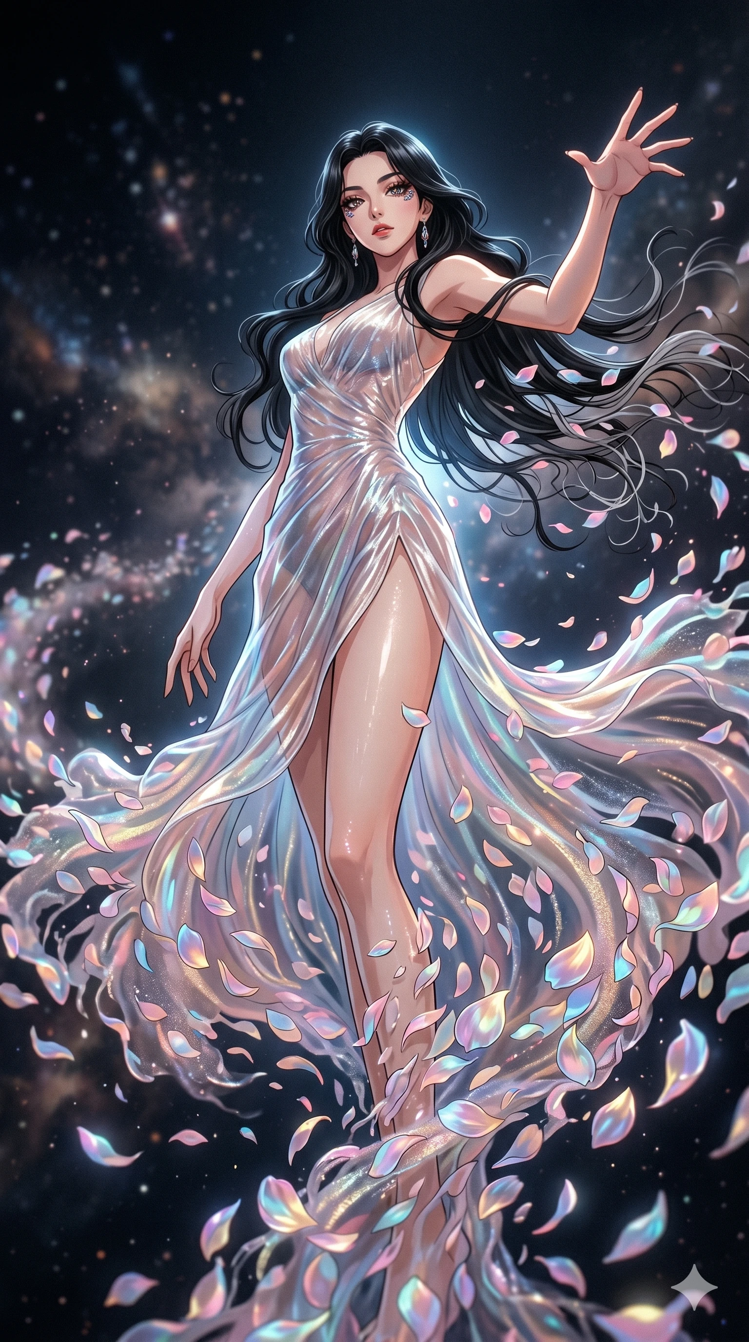 score_9, masterpiece, best quality, ultra-detailed, High-budget Anime Keyframe, East Asian woman. Low angle cowboy shot filling the entire 9:16 frame with her statuesque presence. Scenario 151: Dissolving into a cloud of iridescent silk petals in a void. Her presence is magnetic and overpowering in this high-budget anime scene. Outfit 151: A shimmering chiffon dangerous with a thigh-high slit and wet-look texture. The clothing is designed to emphasize her exceptionally tall and slender 8-heads proportion. 8-heads proportion, towering silhouette, ultra-slim waist. sharp v-shaped jawline, intricate jewel-like eyes with depth, thick eyelashes, glossy lips. 2k, ultra detail, master piece, 9:16 ratio