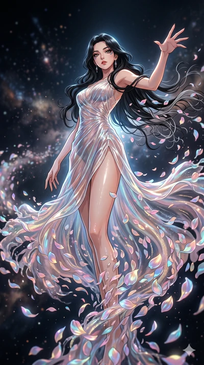 score_9, masterpiece, best quality, ultra-detailed, High-budget Anime Keyframe, East Asian woman. Low angle cowboy shot filling the entire 9:16 frame with her statuesque presence. Scenario 151: Dissolving into a cloud of iridescent silk petals in a v