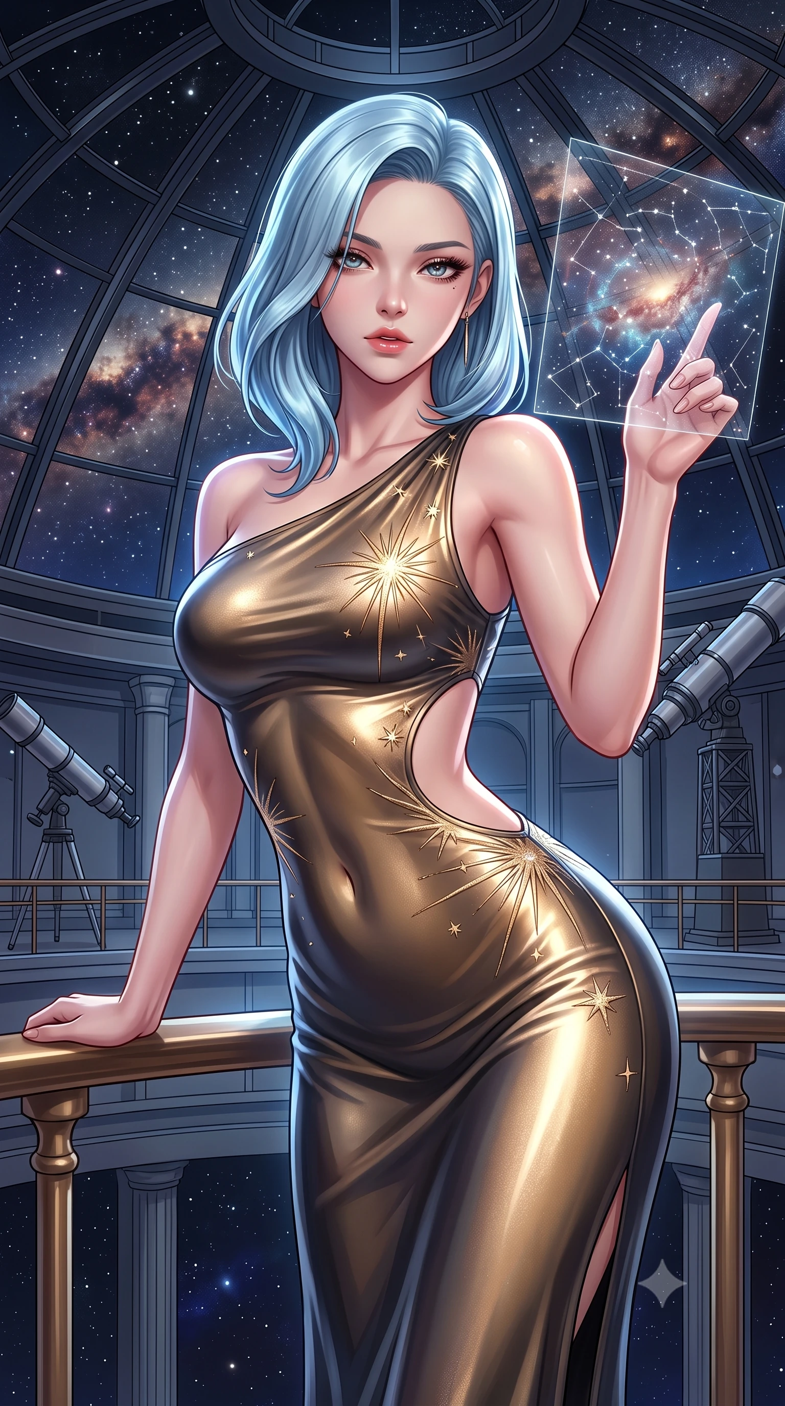 score_9, masterpiece, best quality, ultra-detailed, high-budget anime keyframe, semi-realistic 3D game render, editorial fashion photography, tasteful artistic composition, Korean woman. close-up cowboy shot from the waist and thighs up, the character dominates the composition, filling the frame with her large presence. leaning forward against the polished railing with her hips cocked back, creating an intoxicating curve from her narrow waist to sculpted hips as she gazes back into the lens while arching her spine in a fluid dancer stretch beneath the open observatory glass dome, fingers lightly tracing a floating star map. The surrounding environment is rendered in vivid detail and crisp panoramic clarity. monumental high-contrast cosmic chiaroscuro and sacred astronomical sanctuary architecture in precision. She has an exceptionally elegant, slender, and willowy female figure with an ultra-slim waist, a gracefully sculpted slender torso, toned flat midriff, and rounded feminine hips creating an alluring hourglass silhouette. sharp v-shaped jawline, high-bridge nose, intricate jewel-like eyes with depth, thick eyelashes, glossy parted lips with a natural sheen, intensely captivating and seductive bedroom-eyes expression, flawlessly proportioned anatomical accuracy, strict slender model proportions, natural body alignment, perfectly sculpted long slender limbs, ultra-slim waistline, clean dynamic posture without body distortion. wearing an asymmetric one-shoulder metallic gown with celestial starburst embroidery and bare side cutouts in molten starlight gold and dark gunmetal, made of liquid silk jersey adhering flawlessly to her slender build, finished with criss-cross back straps highlighting her graceful bare spine, the form-contouring material adhering flawlessly to her sculpted flat midriff and slender torso, emphasizing her long leg lines and perfectly proportioned willowy build. illuminated by starlight edge lights carving her slender waist, bare collarbones, and feminine hip line. highly saturated vibrant anime colors, detailed shading with soft gradients, rich glossy textures, high-contrast stereoscopic depth, volumetric dynamic lighting, master piece, 9:16 ratio