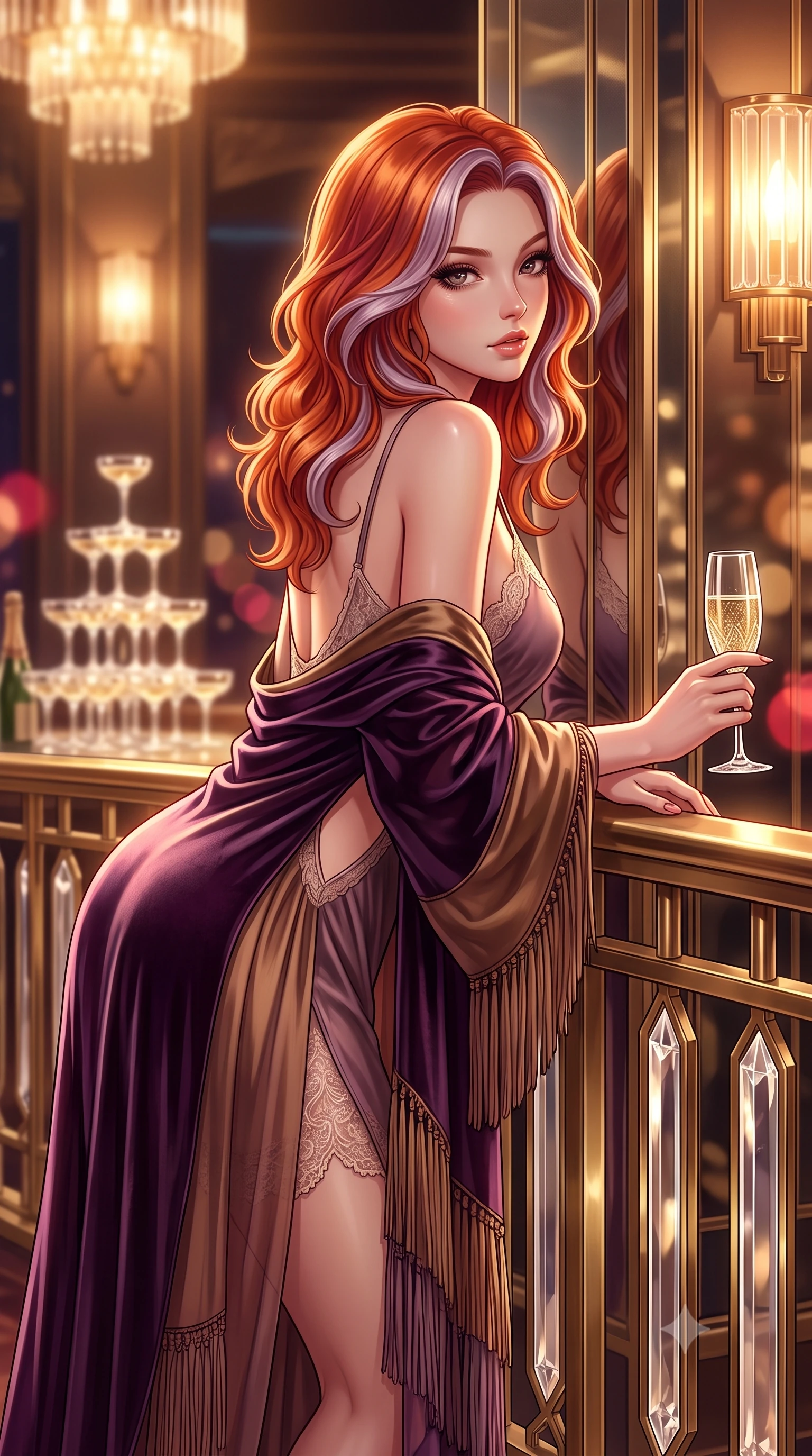 score_9, masterpiece, best quality, ultra-detailed, high-budget anime keyframe, semi-realistic 3D game render, editorial fashion photography, tasteful artistic composition, Caucasian woman. close-up cowboy shot from the waist and thighs up, the character dominates the composition, filling the frame with her large presence. leaning forward against the polished railing with her hips cocked back, creating an intoxicating curve from her narrow waist to sculpted hips as she gazes back into the lens while leaning back against a mirrored art deco column with hips cocked, casting a smoky, seductive bedroom-gaze past the camera. The composition keeps background elements in soft focus with creamy bokeh. towering crystal champagne pyramids and glowing art-deco wall sconces blurred into warm champagne, whiskey-gold, and ruby bokeh. She has an exceptionally elegant, slender, and willowy female figure with an ultra-slim waist, a gracefully sculpted slender torso, toned flat midriff, and rounded feminine hips creating an alluring hourglass silhouette. sharp v-shaped jawline, high-bridge nose, intricate jewel-like eyes with depth, thick eyelashes, glossy parted lips with a natural sheen, intensely captivating and seductive bedroom-eyes expression, flawlessly proportioned anatomical accuracy, strict slender model proportions, natural body alignment, perfectly sculpted long slender limbs, ultra-slim waistline, clean dynamic posture without body distortion. wearing a delicate lace-trimmed slip dress layered with a sweeping silk velvet robe in deep plum violet and antique bronze, woven from airy multi-layered silk chiffon with tiered fringe tassels, accessorized with a vintage crystal champagne flute held in her manicured hand, the precision-cut side openings and low-back scoop framing her graceful spine and the sensual sweep of her hips. bathed in warm incandescent chandelier warmth and vintage amber neon glow. highly saturated vibrant anime colors, detailed shading with soft gradients, rich glossy textures, high-contrast stereoscopic depth, volumetric dynamic lighting, master piece, 9:16 ratio