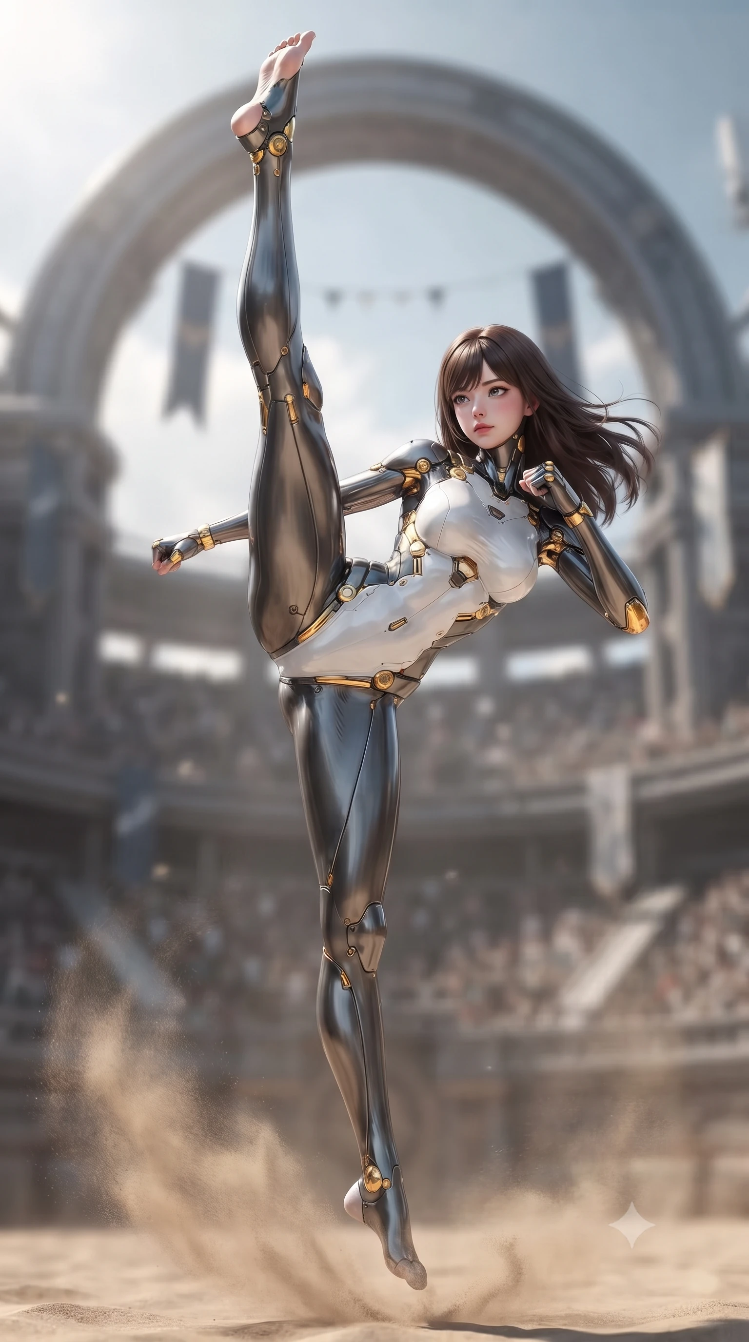 score_9, masterpiece, best quality, ultra-detailed, high-budget anime keyframe, editorial fashion photography, tasteful artistic composition, Korean woman. low angle full-body shot from head to toe showing her feet, filling the entire 9:16 vertical frame with her statuesque presence, stretching her vertical silhouette. striding forward with sovereign warrior elegance in a low, predatory combat advance, hips swaying with fierce athletic poise from head to toe while executing a vertical 180-degree mid-air spinning axe kick in a vast cybernetic colosseum arena as sand swirls beneath her feet. The composition keeps background elements in soft focus with creamy bokeh. massive arena titanium arches and banner pennants softened in dramatic shallow depth of field. She has an absolutely perfect, statuesque 8.5-heads proportion, an exceptionally tall and slender model-like female figure with impossibly long slender legs, a toned flat midriff, and an ultra-slim waist. sharp v-shaped jawline, high-bridge nose, intricate jewel-like eyes with depth, thick eyelashes, glossy lips with a natural sheen, flawlessly proportioned anatomical accuracy, strict slender model proportions, natural body alignment, perfectly sculpted long slender limbs, ultra-slim waistline, clean dynamic posture without body distortion. wearing a form-contouring arctic white carbon-composite martial arts leotard with solar gold articulation joints and diagonal midriff vents in arctic white carbon composite with radiant solar gold plating, tailored from flexible second-skin carbon-mesh that clings flawlessly to her athletic curves, finished with high-mobility flexible limb seams and miniature magnetic armor locks, the form-contouring material adhering flawlessly to her sculpted flat midriff and slender torso, emphasizing her long leg lines and perfectly proportioned willowy build. illuminated by crisp white key lighting with sharp specular highlights tracing her ultra-slim waist and long legs. ultra-reflective glossy finish, specular highlights, dark metallic sheen, high-contrast stereoscopic depth, volumetric dynamic lighting, 2k, ultra detail, master piece, 9:16 ratio