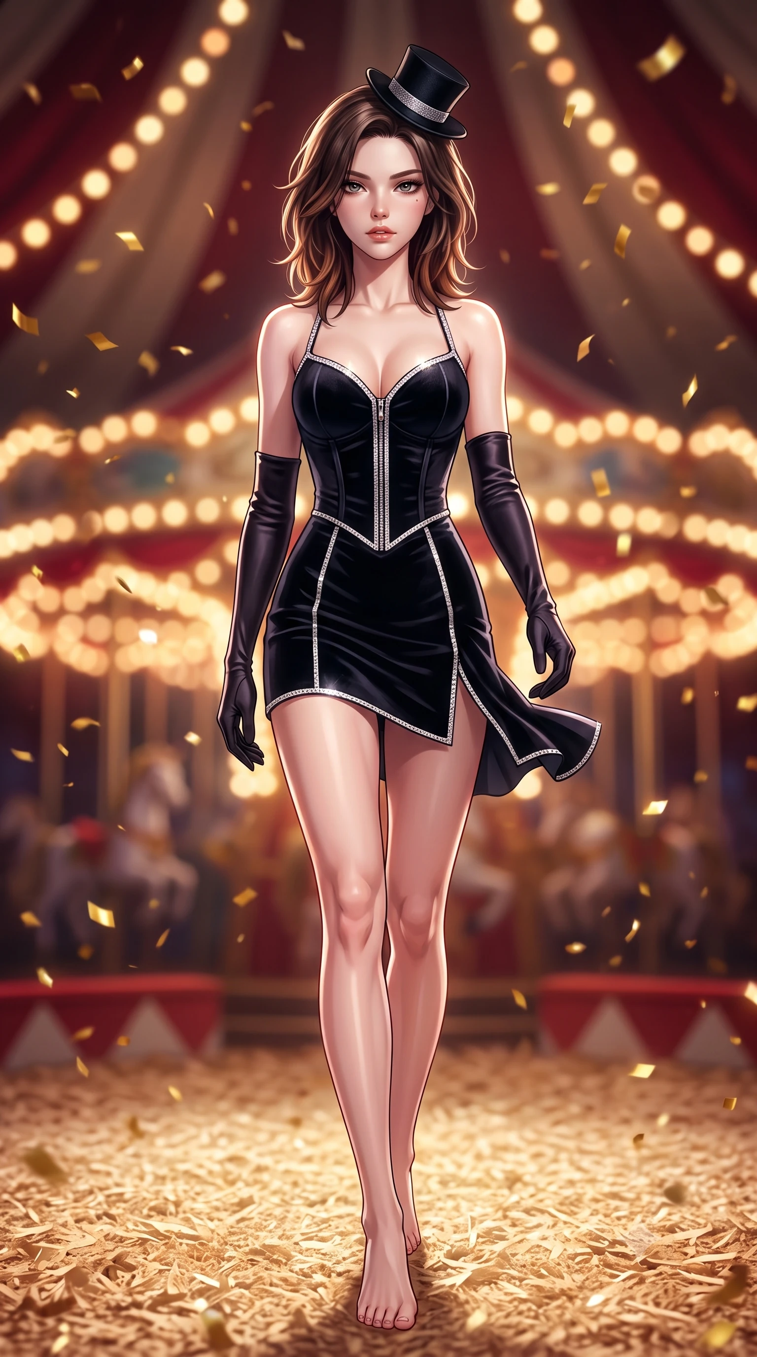 score_9, masterpiece, best quality, ultra-detailed, high-budget anime keyframe, semi-realistic 3D game render, editorial fashion photography, tasteful artistic composition, Korean woman. low angle full-body shot from head to toe showing her feet, filling the entire 9:16 vertical frame with her statuesque presence, stretching her vertical silhouette. striding forward in a proud supermodel runway stride, hips swaying in an alluring kinetic rhythm that accentuates her curvy hourglass silhouette while pivoting dynamically on the sawdust arena floor, her tailored garments fluttering to accentuate her statuesque hips and long slender legs. The composition keeps background elements in soft focus with creamy bokeh. swirling gold confetti and carousel bulb light strings blurred into rich amber, ruby-red, and champagne bokeh. She has an absolutely perfect, statuesque 8.5-heads proportion, an exceptionally tall and slender model-like female figure with impossibly long slender legs, a toned flat midriff, an ultra-slim waist, and beautifully sculpted feminine hips. sharp v-shaped jawline, high-bridge nose, intricate jewel-like eyes with depth, thick eyelashes, glossy parted lips with a natural sheen, intensely captivating and seductive bedroom-eyes expression, flawlessly proportioned anatomical accuracy, strict slender model proportions, natural body alignment, perfectly sculpted long slender limbs, ultra-slim waistline, clean dynamic posture without body distortion. wearing a form-contouring vinyl circus mini dress with front zipper and body-hugging hip hug in pitch-black velvet and glittering diamond crystal trim, tailored from fluid silk crepe with delicate inner corsetry boning, accessorized with opera-length satin gloves and a miniature top-hat fascinator, the form-contouring material adhering flawlessly to her sculpted flat midriff and slender torso, emphasizing her long leg lines and perfectly proportioned willowy build. illuminated by crisp directional rim lighting sharply carving her razor-sharp jawline, narrow waist, and curvy hips. highly saturated vibrant anime colors, detailed shading with soft gradients, rich glossy textures, high-contrast stereoscopic depth, volumetric dynamic lighting, master piece, 9:16 ratio