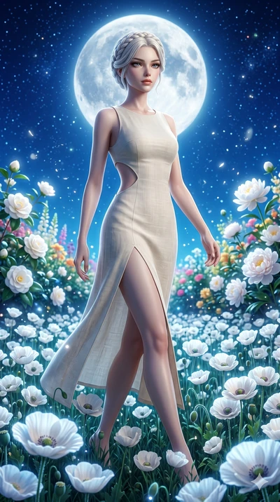 score_9, masterpiece, best quality, ultra-detailed, Set A: Photorealistic 8k CG, Japanese woman. Low angle cowboy shot filling the entire 9:16 frame with her statuesque presence. Walking through a field of white poppies under a silver moon. She has a