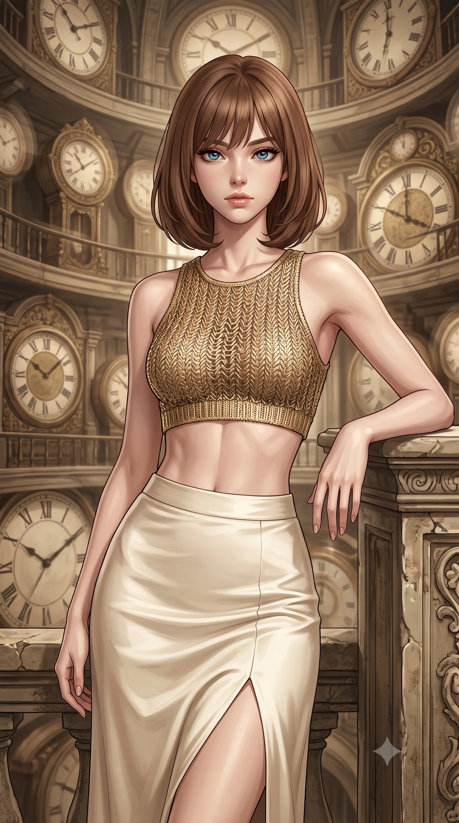 score_9, masterpiece, best quality, ultra-detailed, high-budget anime keyframe, editorial fashion photography, tasteful artistic composition, Caucasian woman, strictly human ears. close-up cowboy shot from the waist and thighs up, the character dominates the composition, filling the frame with her large presence, background elements kept in soft focus. Resting one arm elegantly against a surface with a poised relaxed stance. set against a soft-focus background of inside a tower where time flows at different rates on each level massive ornate clocks running at visibly different speeds with temporal distortion creating ghostly motion-blur halos around objects caught between time streams. She has an exceptionally elegant and slender, willowy female figure with an ultra-slim waist, a gracefully sculpted slender torso, and a refined slim physique. sharp v-shaped jawline, high-bridge nose, intricate jewel-like eyes with depth, thick eyelashes, glossy lips with a natural sheen. wearing a crop top in a gold metallic knit paired with a high-waisted cream silk skirt featuring a front slit. warm sepia-toned light that shifts and pulses at different speeds on each level with golden hour tones stretched and compressed creating temporal light distortions. 2k, ultra detail, master piece, 9:16 ratio