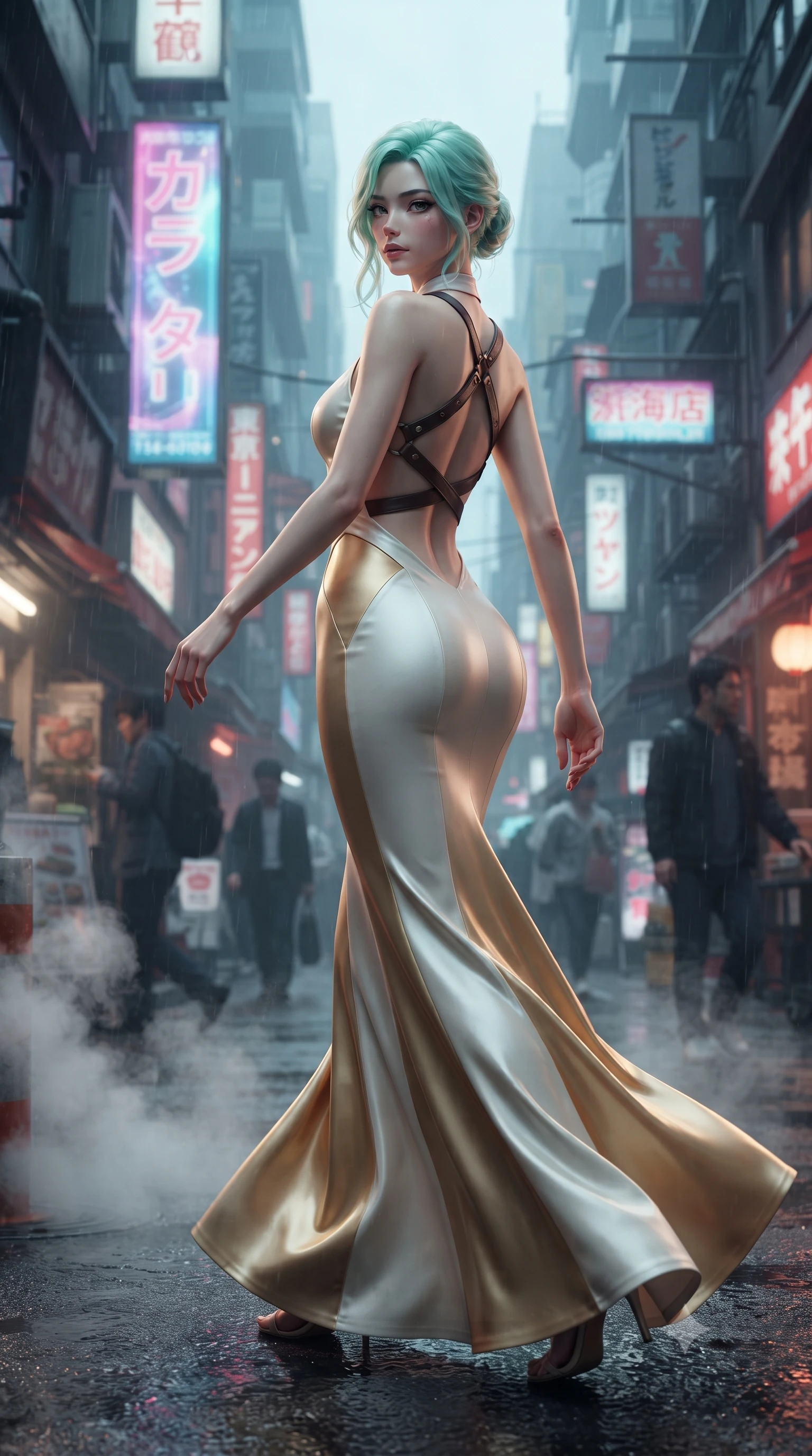 score_9, masterpiece, best quality, ultra-detailed, high-budget anime keyframe, editorial fashion photography, tasteful artistic composition, Japanese woman. low angle full-body shot from head to toe showing her feet, filling the entire 9:16 vertical frame with her statuesque presence, stretching her vertical silhouette. executing an elegant mid-motion pivot turn as garments swirl around her slender limbs, glancing over her shoulder with an intoxicating bedroom-gaze while striding through the narrow rain-slicked cyber-canyon packed with cascading holographic neon banners, arching her back with sovereign supermodel poise as steam rises from street vents. The composition keeps background elements in soft focus with creamy bokeh. steaming street grates and passing cyberpunk transit pedestrians softened in moody Tokyo shallow focus. She has an exceptionally tall and slender model-like 8.5-heads proportion, an ultra-slim waist, a flat toned midriff, narrow delicate ribcage, and beautifully sculpted feminine hips creating a graceful, slim hourglass silhouette without any bulky heaviness, with impossibly long slender legs. sharp v-shaped jawline, high-bridge nose, intricate jewel-like eyes with depth, thick eyelashes, glossy parted lips with a natural sheen, intensely captivating and seductive bedroom-eyes expression, flawlessly proportioned anatomical accuracy, strict slender model proportions, natural body alignment, perfectly sculpted long slender limbs, ultra-slim waistline, clean dynamic posture without body distortion. wearing a sculptured liquid-satin mermaid gown with an architectural open-waist cutout and bare spine in pure alabaster white and sun-kissed gold, tailored from water-resistant treated wool gabardine and flexible stretch silk, featuring an open-back criss-cross harness strap in dark leather, the liquid-tight tailored fabric clinging flawlessly to her narrow waist and rounded feminine hips, emphasizing every millimeter of her sculpted slim hourglass curves without any bulky heaviness. illuminated by wet ground specular reflections accentuating her sculpted midriff, narrow waist, and curvy hips. ultra-reflective glossy finish, specular highlights, rich textural contrasts, high-contrast stereoscopic depth, volumetric dynamic lighting, 2k, ultra detail, master piece, 9:16 ratio