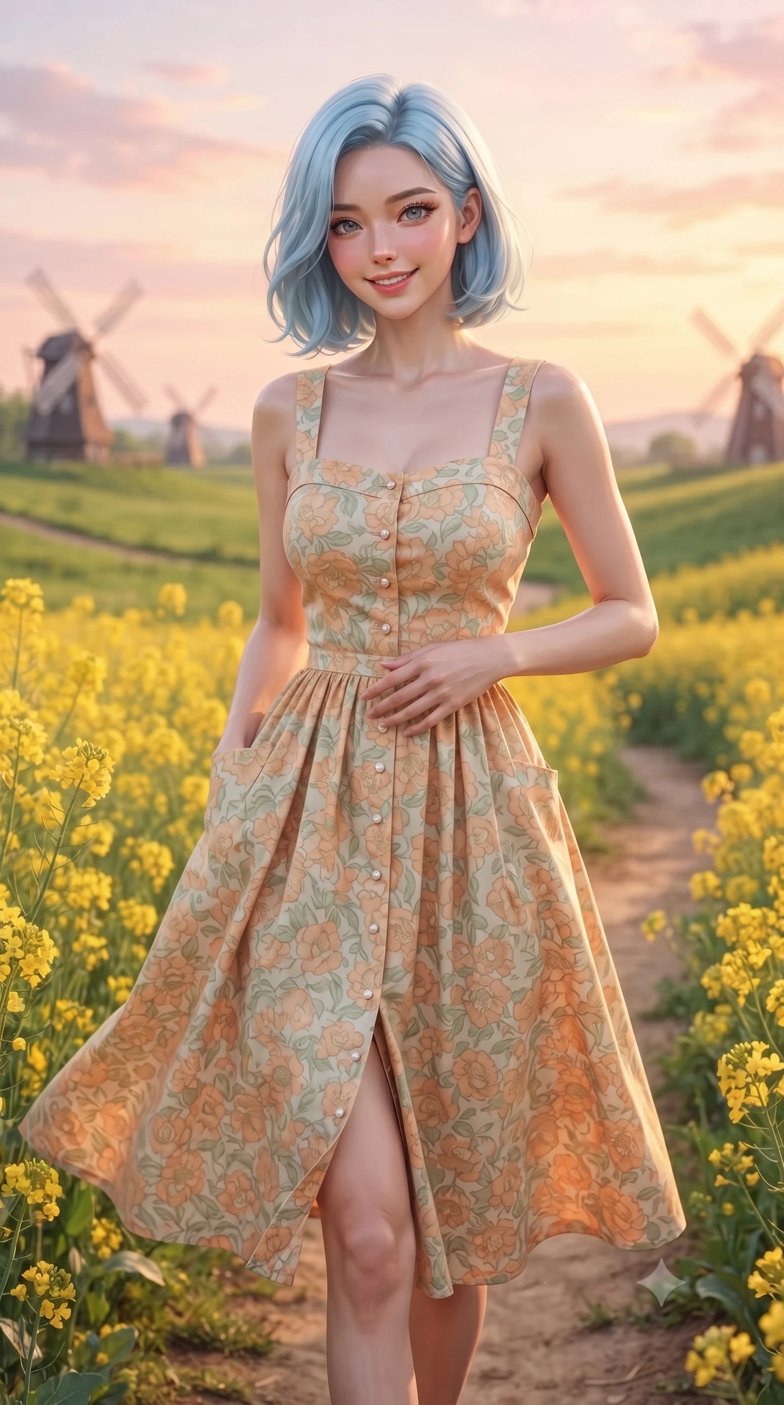 score_9, masterpiece, best quality, ultra-detailed, high-budget anime keyframe, editorial fashion photography, tasteful artistic composition, Korean woman. close-up cowboy shot from the waist and thighs up, the character dominates the composition, filling the frame with her large presence. resting one hand lightly on her waist while casting a charming, captivating side-gaze with thick eyelashes while walking gracefully along a winding dirt path bordered by golden canola blooms as the sunset paints the sky in pastel hues. The composition keeps background elements in soft focus with creamy bokeh. rolling green meadows and distant rustic windmills softened in dreamy shallow focus. She has an exceptionally elegant, slender, and willowy female figure with an ultra-slim waist, a gracefully sculpted slender torso, toned flat midriff, and a refined slim silhouette. sharp v-shaped jawline, high-bridge nose, intricate jewel-like eyes with depth, thick eyelashes, glossy lips with a natural sheen, pure and lovely fresh girlhood expression, flawlessly proportioned anatomical accuracy, strict slender model proportions, natural body alignment, perfectly sculpted long slender limbs, ultra-slim waistline, clean dynamic posture without body distortion. wearing a vintage-inspired button-front cotton sundress with wide shoulder straps and side pockets in warm apricot and sage green, tailored from crisp organic cotton poplin, finished with delicate scallop trims and tiny pearl buttons, the soft airy drape swaying gracefully with her dynamic movements, emphasizing her tall willowy build and slim waistline. illuminated by soft amber fill light highlighting her glowing complexion and joyful smile. ultra-reflective glossy finish, specular highlights, rich natural textures, high-contrast stereoscopic depth, volumetric dynamic lighting, 2k, ultra detail, master piece, 9:16 ratio