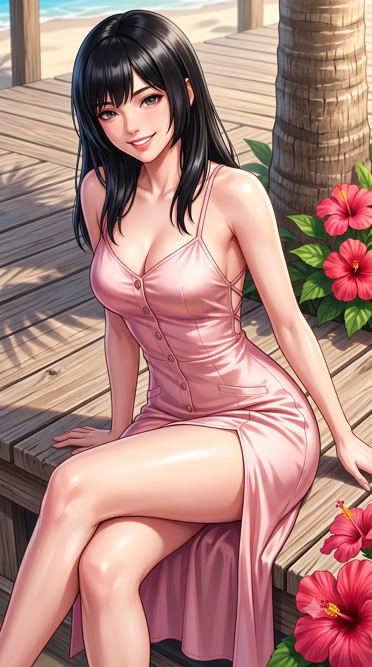 score_9, masterpiece, best quality, ultra-detailed, high-budget anime keyframe, semi-realistic 3D game render, editorial fashion photography, tasteful artistic composition, Caucasian woman. close-up cowboy shot from the waist and thighs up, the character dominates the composition, filling the frame with her large presence. leaning forward with playful cute grace while arching her lower back to accentuate her curvy hips, looking into the camera with a bright cheerful smile and alluring coquettish bedroom-eyes while sitting perched on the sunlit timber deck with legs crossed, her toned flat midriff and curvy hips glowing in the radiant Hawaiian sun. The surrounding environment is rendered in vivid detail and crisp panoramic clarity. sharp palm trunk textures, weathered timber boardwalk planks, and tropical hibiscus petal venation in deep focus. She has an exceptionally elegant, slender, and willowy female figure with an ultra-slim waist, flat toned midriff, narrow ribcage, and sculpted feminine hips creating an alluring, slim hourglass silhouette without bulk. sharp v-shaped jawline, high-bridge nose, intricate jewel-like sparkling eyes with depth, thick eyelashes, glossy parted lips with a natural peach sheen, bright cheerful beaming smile with an enchanting and coquettish sensual glint, exuding both youthful cute charm and seductive allure, flawlessly proportioned anatomical accuracy, strict slender model proportions, natural body alignment, perfectly sculpted long slender limbs, ultra-slim waistline, clean dynamic posture without body distortion. wearing a breezy silk-satin slip dress featuring a thigh-high side slit ascending to the high hip and criss-cross back straps in cherry blossom pink and soft rose gold, crafted from soft breathable linen with effortless natural drape, finished with neat front wooden buttons and delicate pocket details, the high-waisted tailoring accentuating her ultra-slim waistline and the enchanting curve of her feminine hips with alluring charm. illuminated by warm sand specular reflections sharply carving her razor-sharp jawline, narrow waist, and curvy hips. highly saturated vibrant anime colors, detailed shading with soft gradients, rich glossy textures, high-contrast stereoscopic depth, volumetric dynamic lighting, master piece, 9:16 ratio