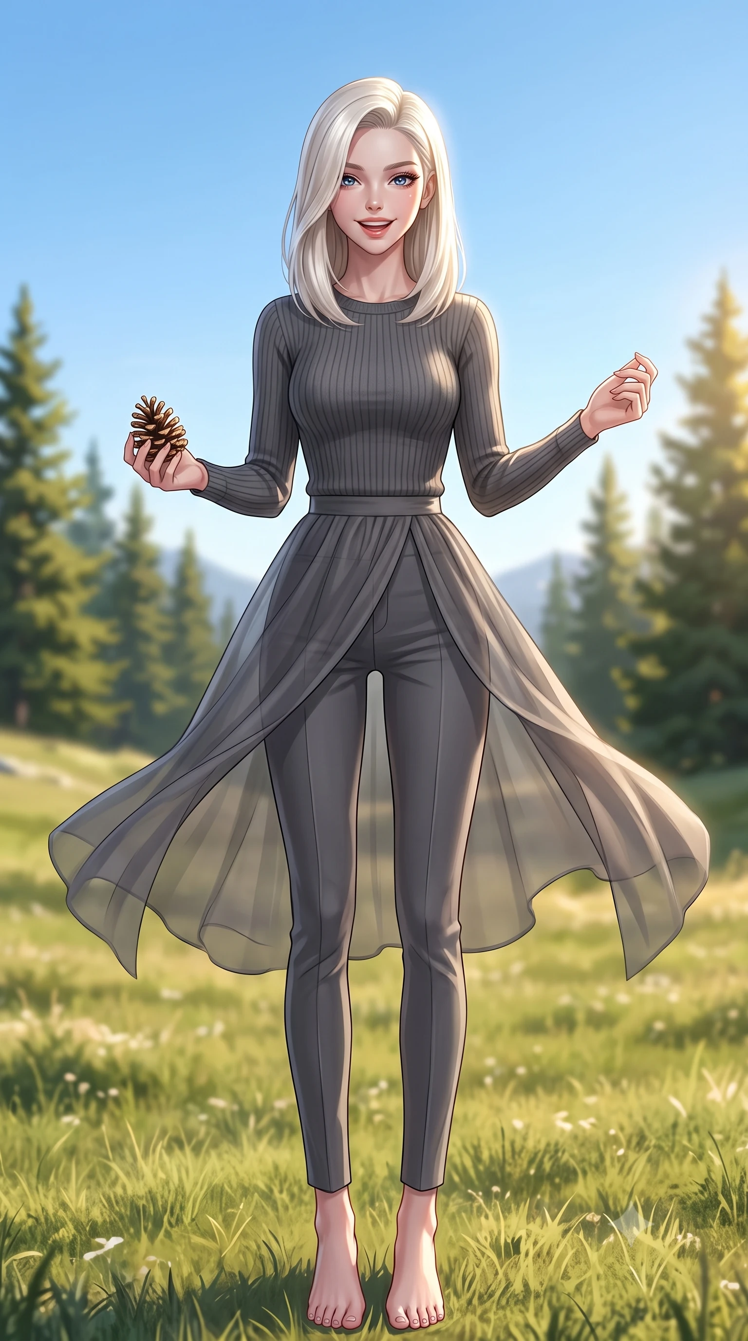 score_9, masterpiece, best quality, ultra-detailed, high-budget anime keyframe, editorial fashion photography, tasteful artistic composition, Caucasian woman. low angle full-body shot from head to toe showing her feet, filling the entire 9:16 vertical frame with her statuesque presence, stretching her vertical silhouette. twirling around with a playful, sensual laugh, her dress fluttering elegantly to accent her waistline set against a soft-focus background of on a wide grassy meadow high up on a mountain plateau under a blue sky holding a small pinecone in her hand with a cute, playful smile. She has an absolutely perfect, statuesque 8.5-heads proportion, an exceptionally tall and slender model-like female figure with impossibly long slender legs and an ultra-slim waist. sharp v-shaped jawline, high-bridge nose, intricate jewel-like eyes with depth, thick eyelashes, glossy lips with a natural sheen. wearing form-contouring body-hugging ribbed knit sweater in charcoal, paired with slim-fit trousers. bright morning alpine sun highlighting the green pine trees in vivid gold. ultra-reflective glossy finish, specular highlights, metallic sheen, high-contrast stereoscopic depth, volumetric dynamic lighting, 2k, ultra detail, master piece, 9:16 ratio