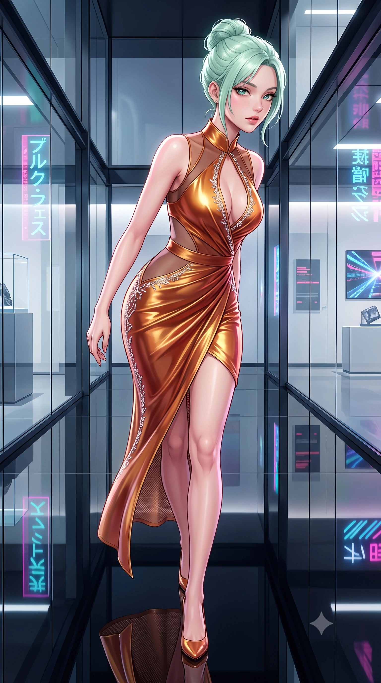 score_9, masterpiece, best quality, ultra-detailed, high-budget anime keyframe, semi-realistic 3D game render, editorial fashion photography, tasteful artistic composition, Japanese woman. close-up cowboy shot from the waist and thighs up, the character dominates the composition, filling the frame with her large presence. leaning forward against the polished railing with her hips cocked back, creating an intoxicating curve from her narrow waist to sculpted hips as she gazes back into the lens while striding down the reflective gallery floor, her sleek aerodynamic outfit clinging to her narrow waist and long slender legs. The surrounding environment is rendered in vivid detail and crisp panoramic clarity. sharp glass bevel joints, black resin floor mirror reflections, and architectural steel frame connections in deep focus. She has an exceptionally elegant, slender, and willowy female figure with an ultra-slim waist, flat toned midriff, narrow ribcage, and sculpted feminine hips creating an alluring, slim hourglass silhouette without bulk. sharp v-shaped jawline, high-bridge nose, intricate jewel-like eyes with depth, thick eyelashes, glossy parted lips with a natural sheen, intensely captivating and seductive bedroom-eyes expression, flawlessly proportioned anatomical accuracy, strict slender model proportions, natural body alignment, perfectly sculpted long slender limbs, ultra-slim waistline, clean dynamic posture without body distortion. wearing a wet-look silk fusion wrap dress with asymmetrical sheer mesh cutouts and high Mandarin collar in molten desert gold and burnt terracotta, crafted from luxurious metallic lamé that shifts radiance with every step, finished with delicate crystal frost embroidery tracing the plunging neckline, the glove-like aerodynamic silhouette tightly following the natural contour of her hips and long slender legs with statuesque 8.5-heads elegance. bathed in pure, diffused designer architectural lighting and vibrant Tokyo street neon reflections. highly saturated vibrant anime colors, detailed shading with soft gradients, rich glossy textures, high-contrast stereoscopic depth, volumetric dynamic lighting, master piece, 9:16 ratio