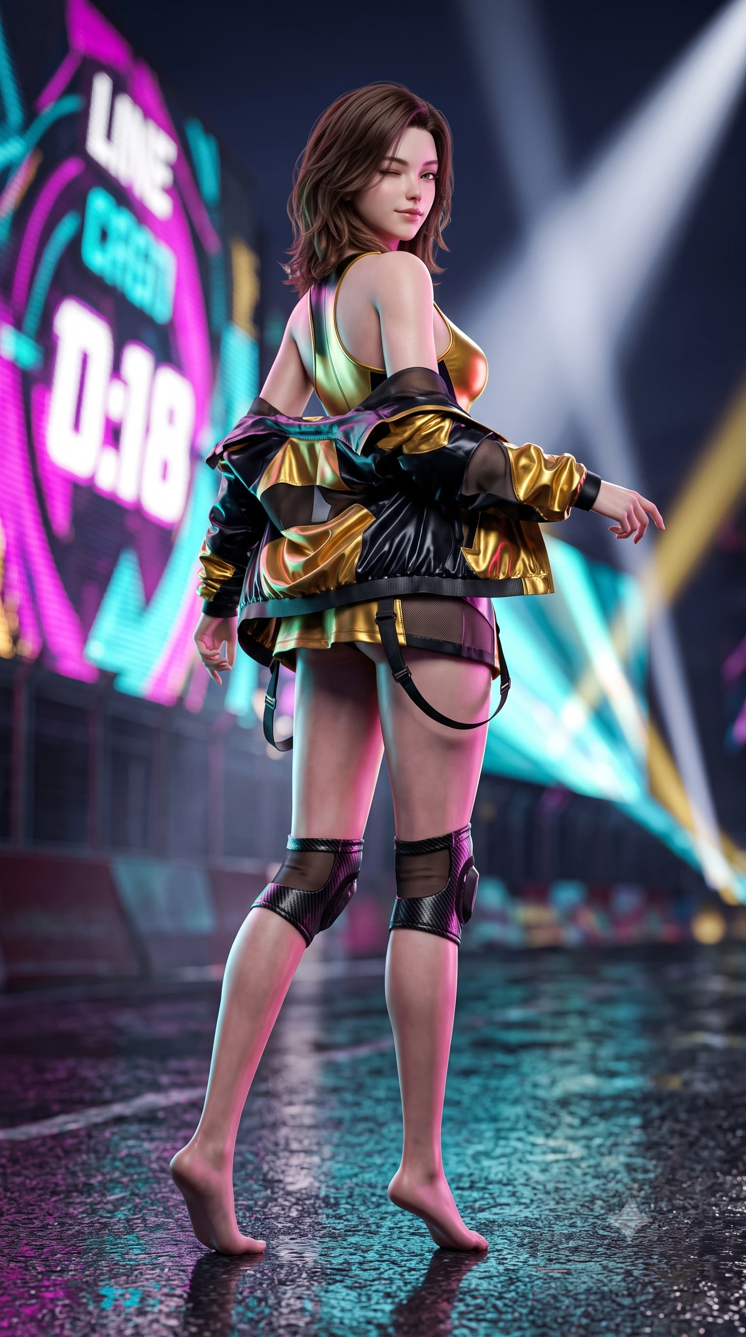 score_9, masterpiece, best quality, ultra-detailed, high-budget anime keyframe, semi-realistic 3D game render, editorial fashion photography, tasteful artistic composition, Korean woman. low angle full-body shot from head to toe showing her feet, filling the entire 9:16 vertical frame with her statuesque presence, stretching her vertical silhouette. executing an elegant mid-motion turn as garments swirl around her slender limbs, glancing over her shoulder with smoldering allure while pivoting sharply with supermodel momentum on the wet tarmac, a playful wink breaking across her radiant face. The composition keeps background elements in soft focus with creamy bokeh. giant LED jumbotron race countdown graphics and sweeping searchlights blurred into electric magenta, turquoise, and gold bokeh. She has an absolutely perfect, statuesque 8.5-heads proportion, an exceptionally tall and slender model-like female figure with impossibly long slender legs, a toned flat midriff, and an ultra-slim waist. sharp v-shaped jawline, high-bridge nose, intricate jewel-like eyes with depth, thick eyelashes, glossy parted lips with a natural sheen, intensely captivating and seductive expression, flawlessly proportioned anatomical accuracy, strict slender model proportions, natural body alignment, perfectly sculpted long slender limbs, ultra-slim waistline, clean dynamic posture without body distortion. wearing a sporty high-cut racerback bodysuit paired with an open technical windbreaker and micro-skirt in metallic liquid gold and obsidian black, made of stretchy athletic knit with sheer mesh cutout inserts, accented with hanging industrial clip straps and carbon fiber knee sliders, the sleek tactical cut tightly hugging her graceful clavicle, narrow waist, and athletic curves with statuesque precision. bathed in dynamic color-shifting LED race lights and sweeping white spotlight fill. highly saturated vibrant anime colors, detailed shading with soft gradients, rich glossy textures, high-contrast stereoscopic depth, volumetric dynamic lighting, master piece, 9:16 ratio