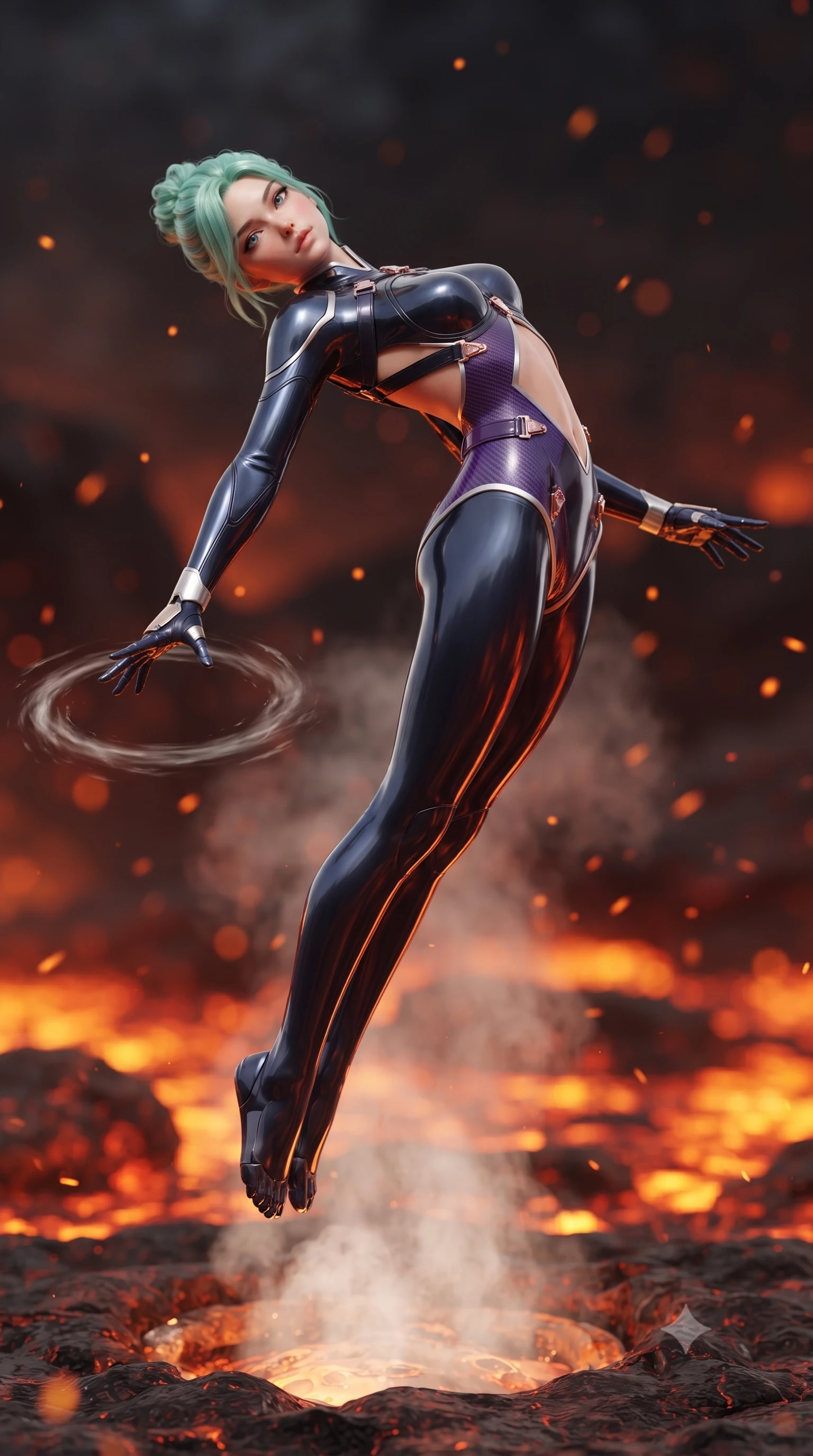 score_9, masterpiece, best quality, ultra-detailed, high-budget anime keyframe, editorial fashion photography, tasteful artistic composition, Japanese woman. low angle full-body shot from head to toe showing her feet, filling the entire 9:16 vertical frame with her statuesque presence, stretching her vertical silhouette. leaping into mid-air with an athletic yet alluring arch of her spine, driving a downward kinetic strike surrounded by a ring of displaced air while arching her back in an athletic back-handspring over an open steam vent with molten orange light tracing her curves. The composition keeps background elements in soft focus with creamy bokeh. bubbling molten magma rivers and drifting orange heat embers blurred into rich fiery amber, crimson, and charcoal bokeh. She has an absolutely perfect, statuesque 8.5-heads proportion, an exceptionally tall and slender model-like female figure with impossibly long slender legs, a toned flat midriff, and an ultra-slim waist. sharp v-shaped jawline, high-bridge nose, intricate jewel-like eyes with depth, thick eyelashes, glossy lips with a natural sheen, flawlessly proportioned anatomical accuracy, strict slender model proportions, natural body alignment, perfectly sculpted long slender limbs, ultra-slim waistline, clean dynamic posture without body distortion. wearing a statuesque midnight cobalt carbon-fiber battle-suit with platinum trim, reinforced kinetic palm plates, and an ultra-slim waistline in royal purple carbon fiber with rose-gold hardware and clasps, formed from high-gloss patent carbon-plating with specular chiaroscuro reflections, complemented by criss-cross back harness straps highlighting her completely bare spine, the precision-cut daring openings accentuating her delicate midriff, graceful bare collarbones, and ultra-slim feminine waistline. illuminated by crisp specular highlights tracing her ultra-slim waist, long legs, and flat midriff. ultra-reflective glossy finish, specular highlights, dark metallic sheen, high-contrast stereoscopic depth, volumetric dynamic lighting, 2k, ultra detail, master piece, 9:16 ratio
