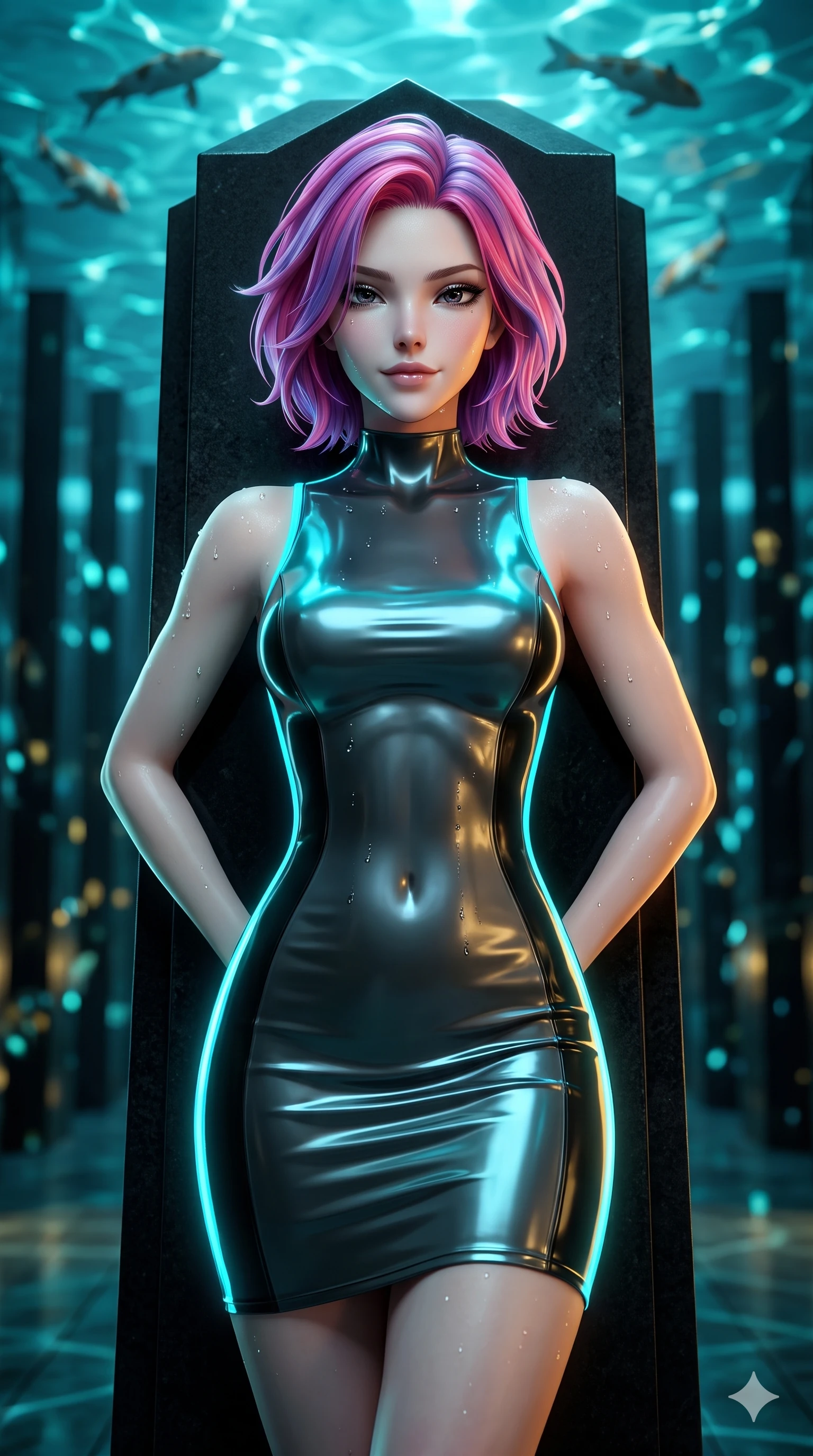 score_9, masterpiece, best quality, ultra-detailed, high-budget anime keyframe, semi-realistic 3D game render, editorial fashion photography, tasteful artistic composition, Caucasian woman. close-up cowboy shot from the waist and thighs up, the character dominates the composition, filling the frame with her large presence. smiling with quiet, magnetic self-assurance directly into the camera with heavy-lidded sparkling eyes while leaning against the monumental black granite crypt portal with hips cocked back, looking through dark wet eyelashes with an enchanting siren smile. The background shows a soft-focus swimming koi silhouettes overhead, shimmering turquoise pool water refractions, and towering obsidian wall panels blurred into aquatic cyan, gold, and obsidian bokeh. She has an exceptionally elegant, slender, and willowy female figure with an ultra-slim waist, flat toned midriff, narrow ribcage, and sculpted feminine hips creating an alluring, slim hourglass silhouette without bulk. sharp v-shaped jawline, high-bridge nose, intricate jewel-like dark sparkling eyes with hypnotic seductive depth, thick curled eyelashes, glossy parted lips with a natural wine sheen, alluring bedroom-eyes with an enigmatic smoldering smile, exuding magnetic sovereign charisma and dark avant-garde glamour, flawlessly proportioned anatomical accuracy, strict slender model proportions, natural body alignment, perfectly sculpted long slender limbs, ultra-slim waistline, clean dynamic posture without body distortion. wearing a precision-fitted bodycon dress in high-gloss liquid vinyl in neon cyan edge-glow and dark carbon black, made of liquid dark mercury jersey with seamless sculpting hold and fluid drape, finished with glistening moisture droplets beading across her sculpted shoulders and flat midriff, the glove-like silhouette tightly following the natural contour of her hips and long slender legs with youthful 8.5-heads elegance. illuminated by polished floor bounce and sharp cyan-amber rim lights defining her razor-sharp jawline, narrow waist, and curvy hips. highly saturated vibrant anime colors, detailed shading with soft gradients, rich glossy textures, high-contrast stereoscopic depth, volumetric dynamic lighting, master piece, 9:16 ratio