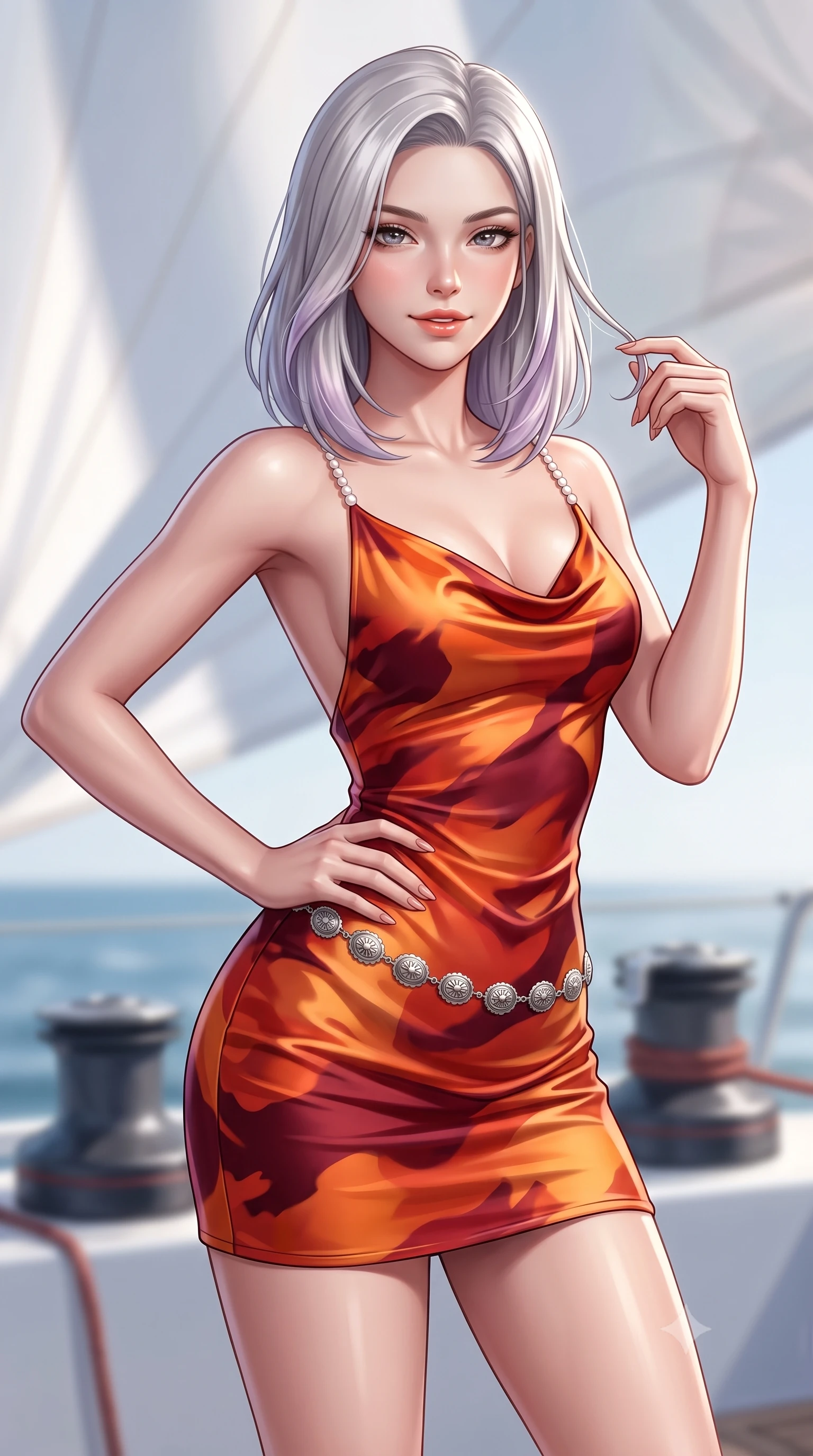 score_9, masterpiece, best quality, ultra-detailed, high-budget anime keyframe, semi-realistic 3D game render, editorial fashion photography, tasteful artistic composition, Caucasian woman. close-up cowboy shot from the waist and thighs up, the character dominates the composition, filling the frame with her large presence. twisting her slender torso in an alluring contrapposto stance, one hand resting on her sculpted hip while her fingers toy with her hair with effortless poise while twisting her slender torso in an alluring S-curve, billowing white spinnaker sail casting soft shadow gradients across her curves. The background shows a soft-focus racing yacht halyard winches softened in high-seas nautical shallow focus. She has an exceptionally elegant, slender, and willowy female figure with an ultra-slim waist, flat toned midriff, narrow ribcage, and sculpted feminine hips creating an alluring, slim hourglass silhouette without bulk. sharp v-shaped jawline, high-bridge nose, sparkling eyes with hypnotic seductive depth, thick curled eyelashes, glossy parted lips with a natural dewy peach sheen, alluring bedroom-eyes with an enchanting coquettish smile, exuding magnetic siren charisma and sophisticated glamour, flawlessly proportioned anatomical accuracy, strict slender model proportions, natural body alignment, perfectly sculpted long slender limbs, ultra-slim waistline, clean dynamic posture without body distortion. wearing a slinky backless cowl-neck silk satin beach slip mini dress with dainty pearl spaghetti straps in blazing desert sunset orange and deep canyon crimson, tailored from second-skin technical compression neoprene with athletic curve-sculpting stretch, accented with an intricate silver concho waist chain resting loosely on her curvy hips, the form-contouring silhouette accentuating her sculpted flat midriff, narrow delicate ribcage, and gracefully curvy hips with intoxicating allure. illuminated by sea spray bounce and sharp platinum rim lights defining her delicate clavicles, ultra-slim waist, and curvy hips. highly saturated vibrant anime colors, detailed shading with soft gradients, rich glossy textures, high-contrast stereoscopic depth, volumetric dynamic lighting, master piece, 9:16 ratio