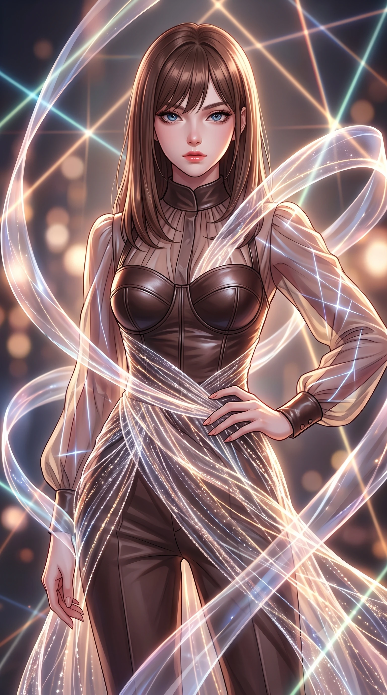 score_9, masterpiece, best quality, ultra-detailed, high-budget anime keyframe, editorial fashion photography, tasteful artistic composition, Korean woman. close-up cowboy shot from the waist and thighs up, the character dominates the composition, filling the frame with her large presence, background elements kept in soft focus. Holding a confident power pose with one hand on her hip, gazing directly into the camera with quiet intensity weaving a shimmering dress of light threads that flow around her figure, translucent silk ribbons swirling around her body like light streams. She has an exceptionally elegant, slender, and willowy female figure with an ultra-slim waist, a gracefully sculpted slender torso, and a refined silhouette. sharp v-shaped jawline, high-bridge nose, intricate jewel-like eyes with depth, thick eyelashes, glossy lips with a natural sheen. wearing a tailored leather bustier over a sheer silk chiffon blouse with tailored slacks, the glove-like fit emphasizing her statuesque silhouette. bathed in sharp geometric laser grid highlights and soft ambient fill. highly saturated vibrant anime colors, detailed shading with soft gradients, rich glossy textures, high-contrast stereoscopic depth, volumetric dynamic lighting, master piece, 9:16 ratio